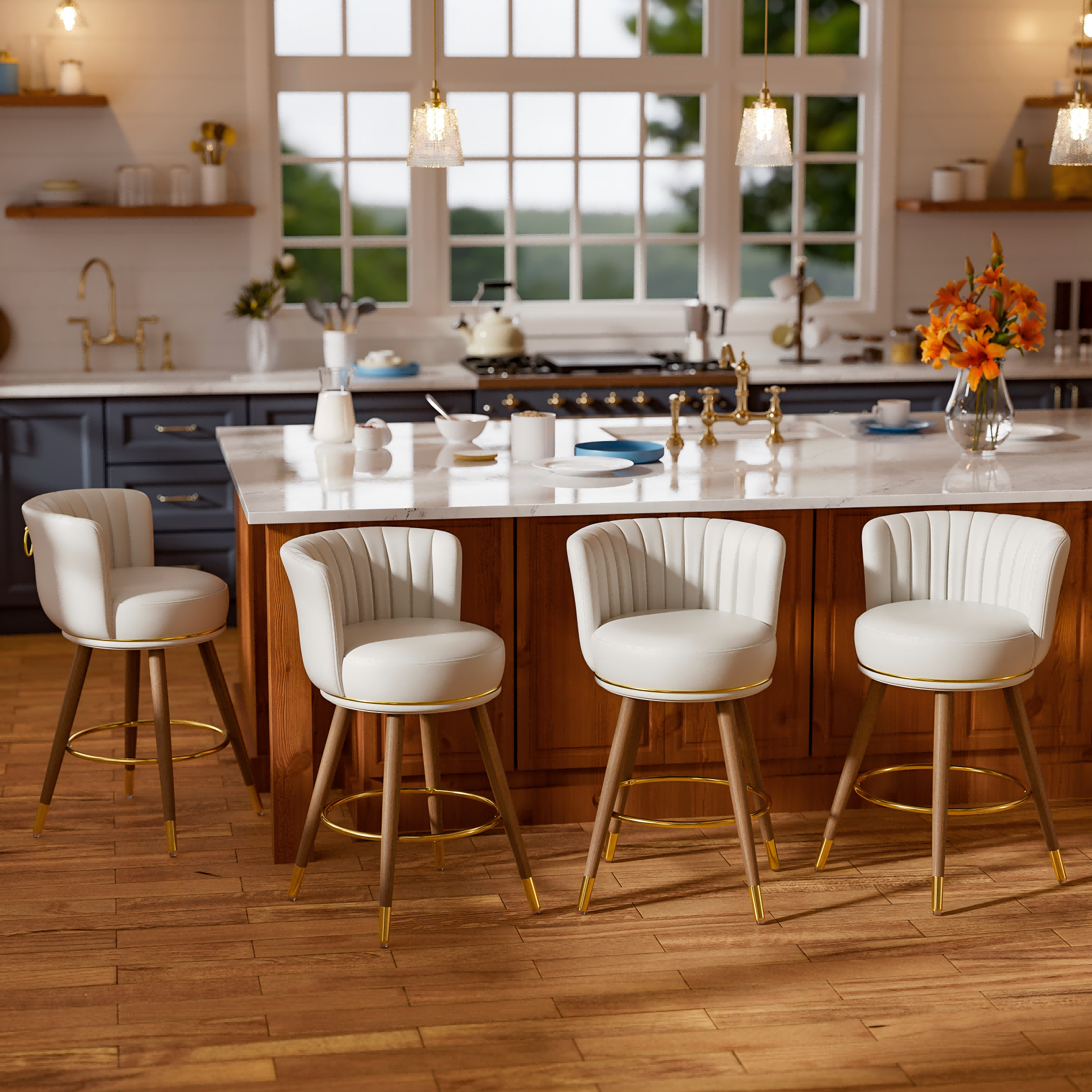 Ninecer Counter Height Bar Stools Set of 4, 26 Inch Swivel PU Leather Bar Chairs with Back and Footrest, Round Low Back Barstools for Kitchen Island Dining Room, Beige