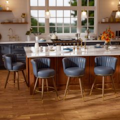 Ninecer Counter Height Bar Stools Set of 4, 26 Inch Swivel PU Leather Bar Chairs with Back and Footrest, Round Low Back Barstools for Kitchen Island Dining Room, Blue