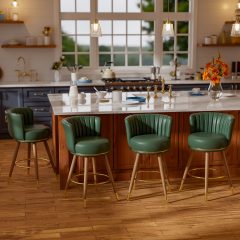 Ninecer Counter Height Bar Stools Set of 4, 24" Swivel Round Seat Bar Chairs with Low Back, PU Leather Modern Counter Stools with Footrest for Kitchen Island, Dining Room or Home Bar, Green
