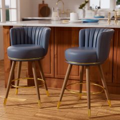Ninecer Counter Height Bar Stools Set of 2, 26 Inch Swivel PU Leather Bar Chairs with Back and Footrest, Round Low Back Barstools for Kitchen Island Dining Room, Blue