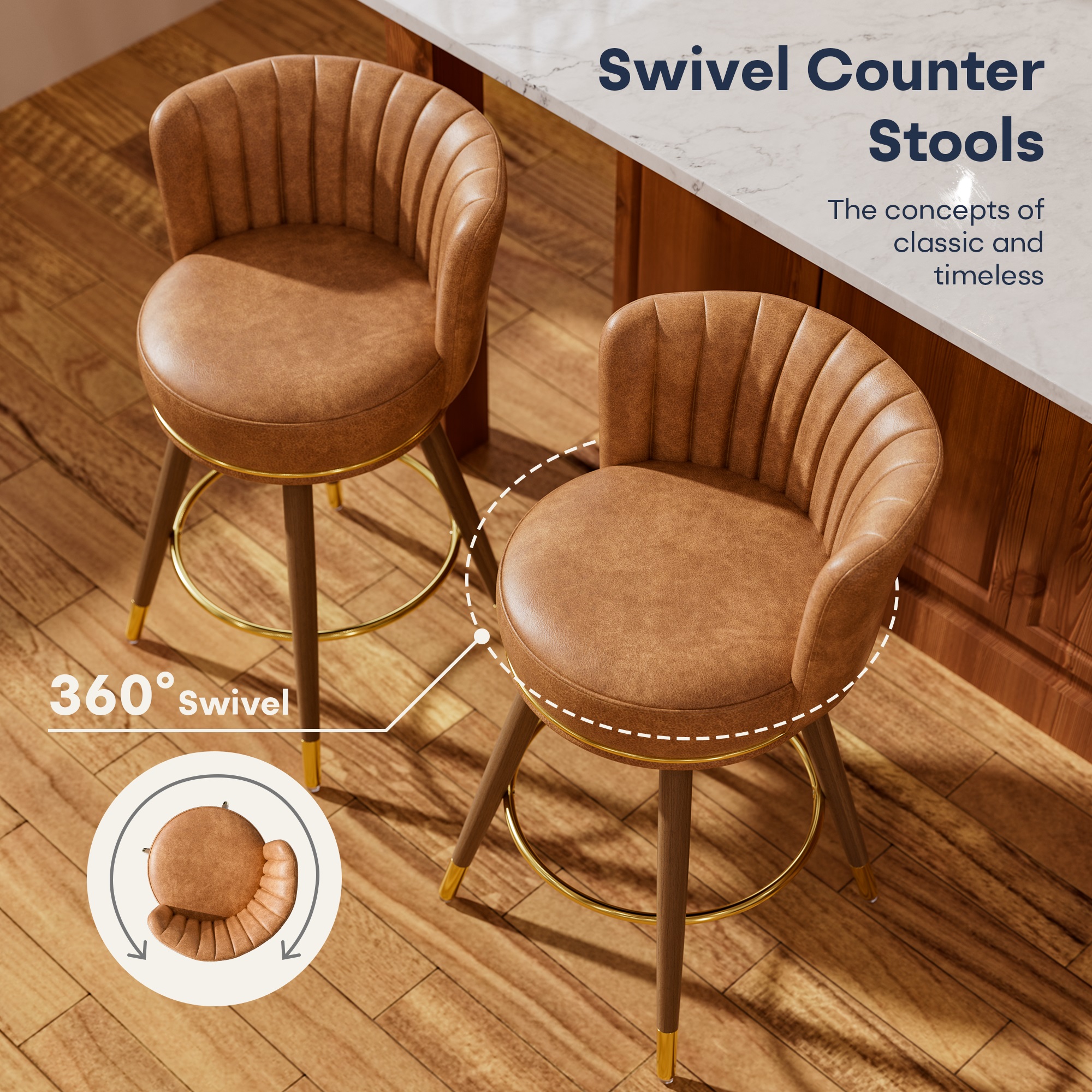 Ninecer Counter Height Bar Stools Set of 4, 26 Inch Swivel PU Leather Bar Chairs with Back and Footrest, Round Low Back Barstools for Kitchen Island Dining Room, Brown - Image 4