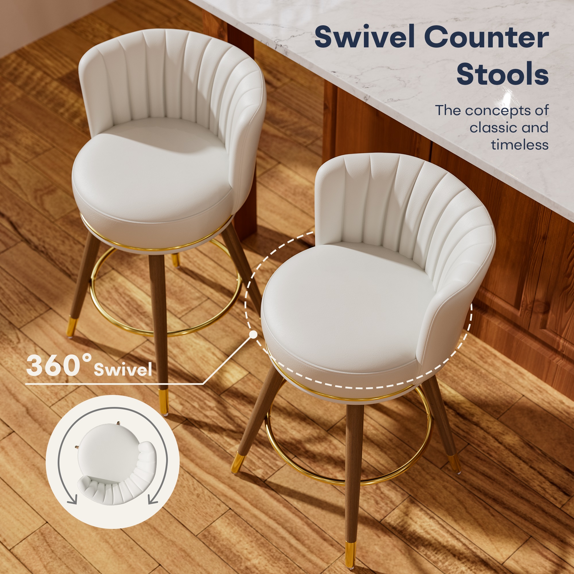 Ninecer Counter Height Bar Stools Set of 4, 24" Swivel Round Seat Bar Chairs with Low Back, PU Leather Modern Counter Stools with Footrest for Kitchen Island, Dining Room or Home Bar, White - Image 2