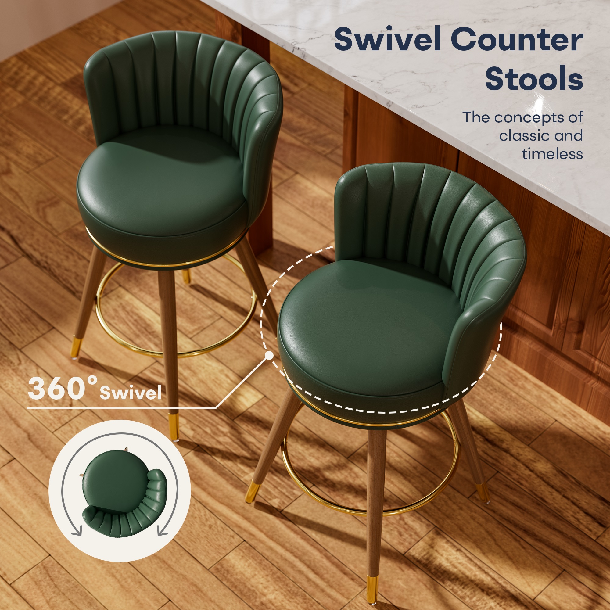 Ninecer Counter Height Bar Stools Set of 4, 24" Swivel Round Seat Bar Chairs with Low Back, PU Leather Modern Counter Stools with Footrest for Kitchen Island, Dining Room or Home Bar, Green - Image 2