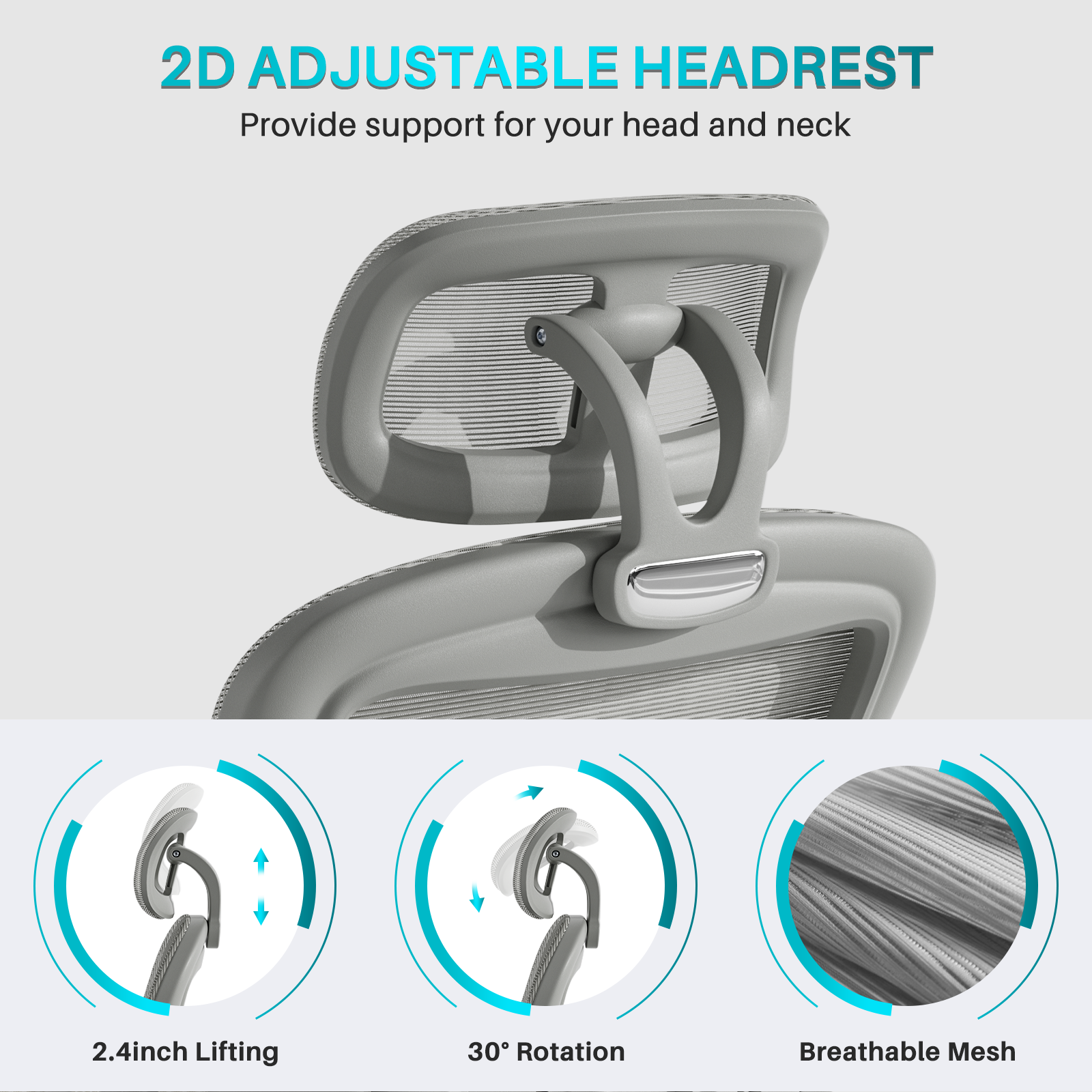 Ninecer Ergonomic Office Chair, High Back Headrest Computer Desk Chairs with Wheels, Gray Swivel Office Chair with Arm For Adult - Image 4