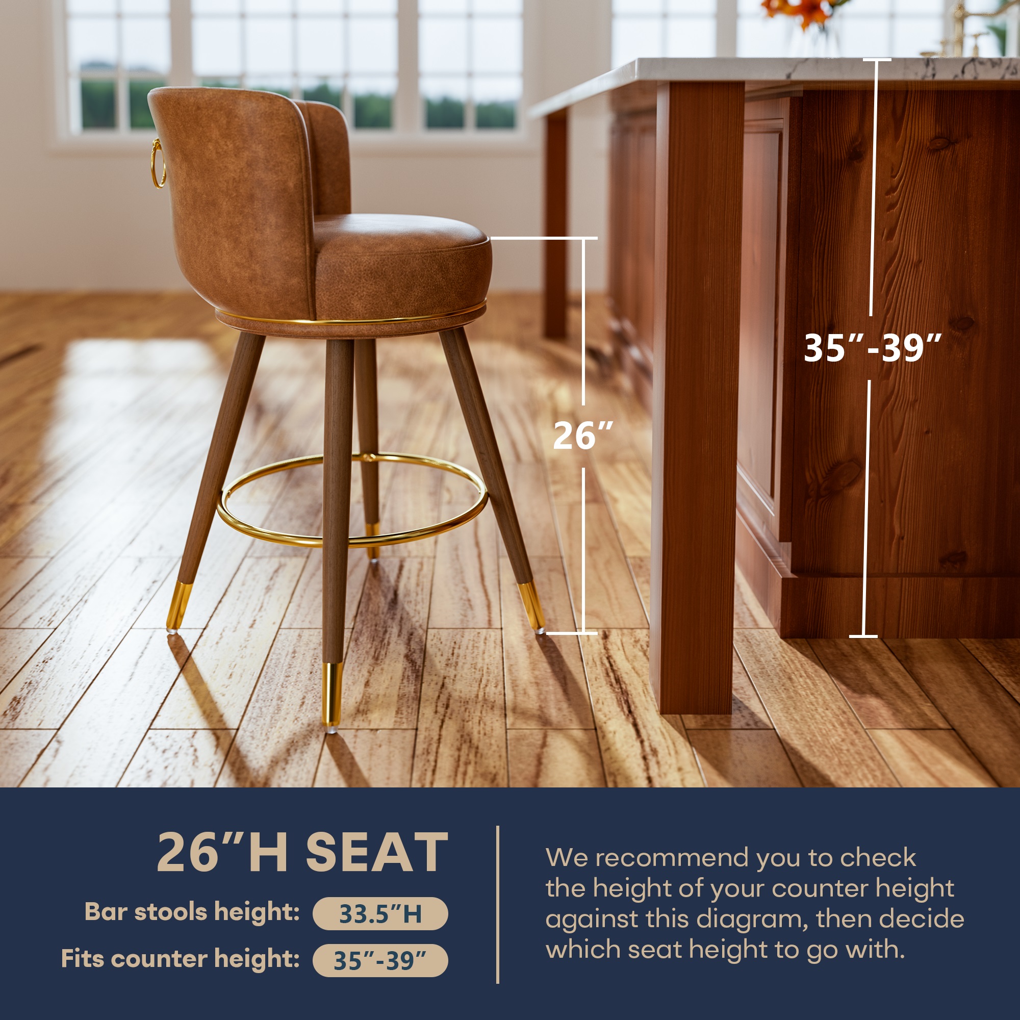 Ninecer Counter Height Bar Stools Set of 4, 26 Inch Swivel PU Leather Bar Chairs with Back and Footrest, Round Low Back Barstools for Kitchen Island Dining Room, Brown - Image 5