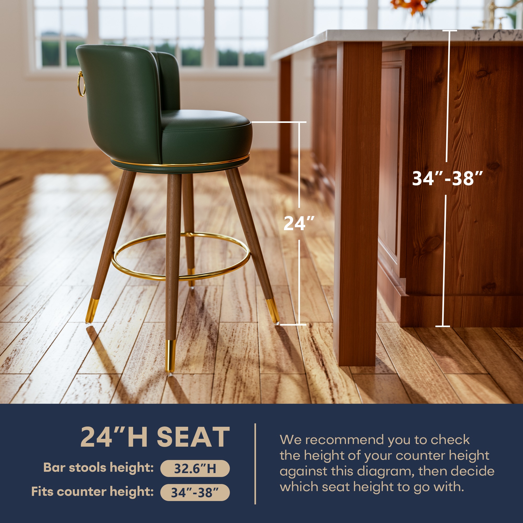 Ninecer Counter Height Bar Stools Set of 4, 24" Swivel Round Seat Bar Chairs with Low Back, PU Leather Modern Counter Stools with Footrest for Kitchen Island, Dining Room or Home Bar, Green - Image 4