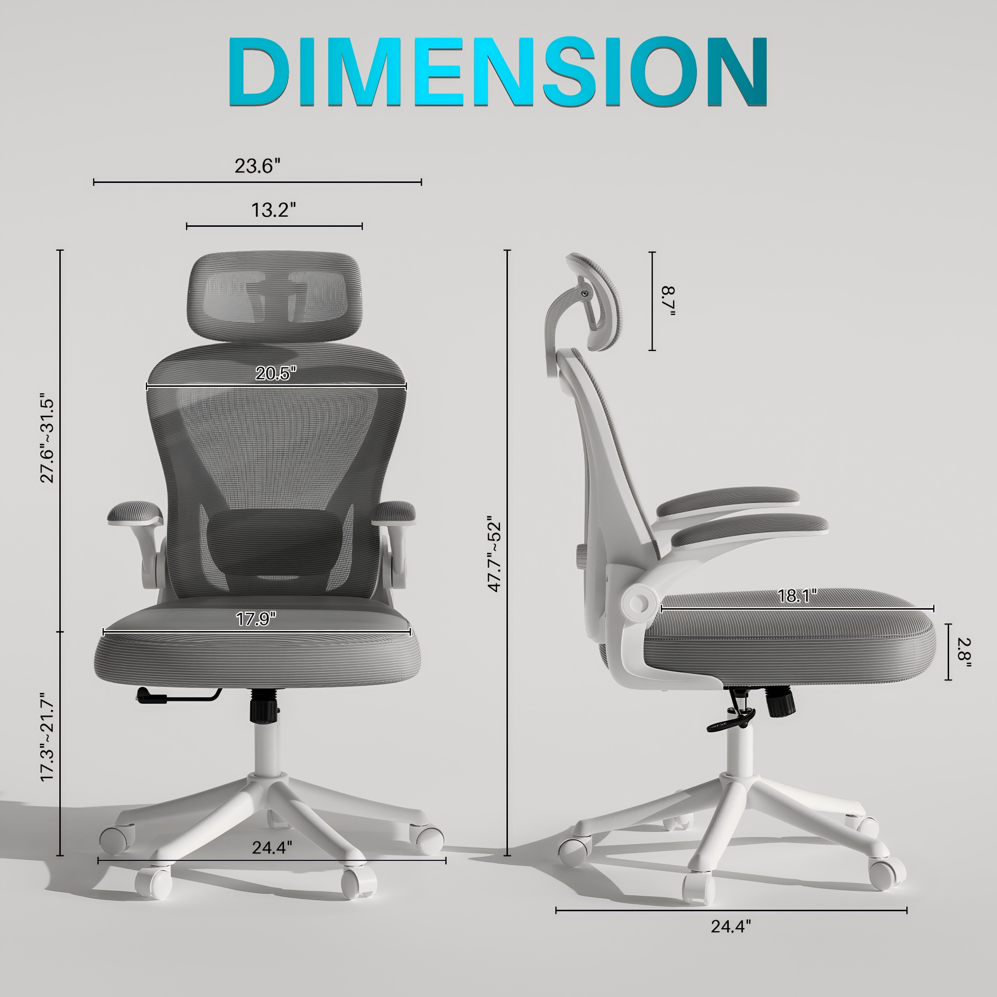 Ninecer Ergonomic Office Chair, High Back Headrest Computer Desk Chairs with Wheels, White & Gray Swivel Office Chair with Arm For Adult - Image 3