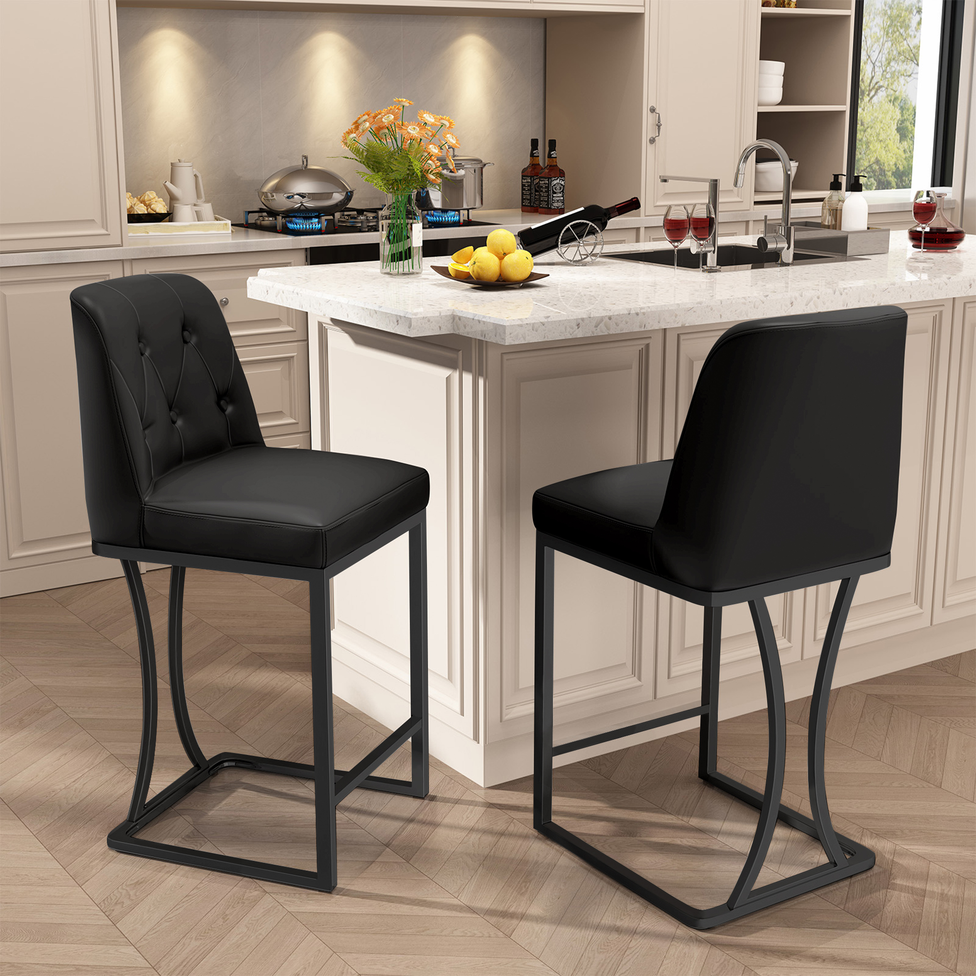Ninecer 24" Counter Height Bar Stools Set of 2, PU Leather Counter Stool Chairs with Full Back for Kitchen Island, Black