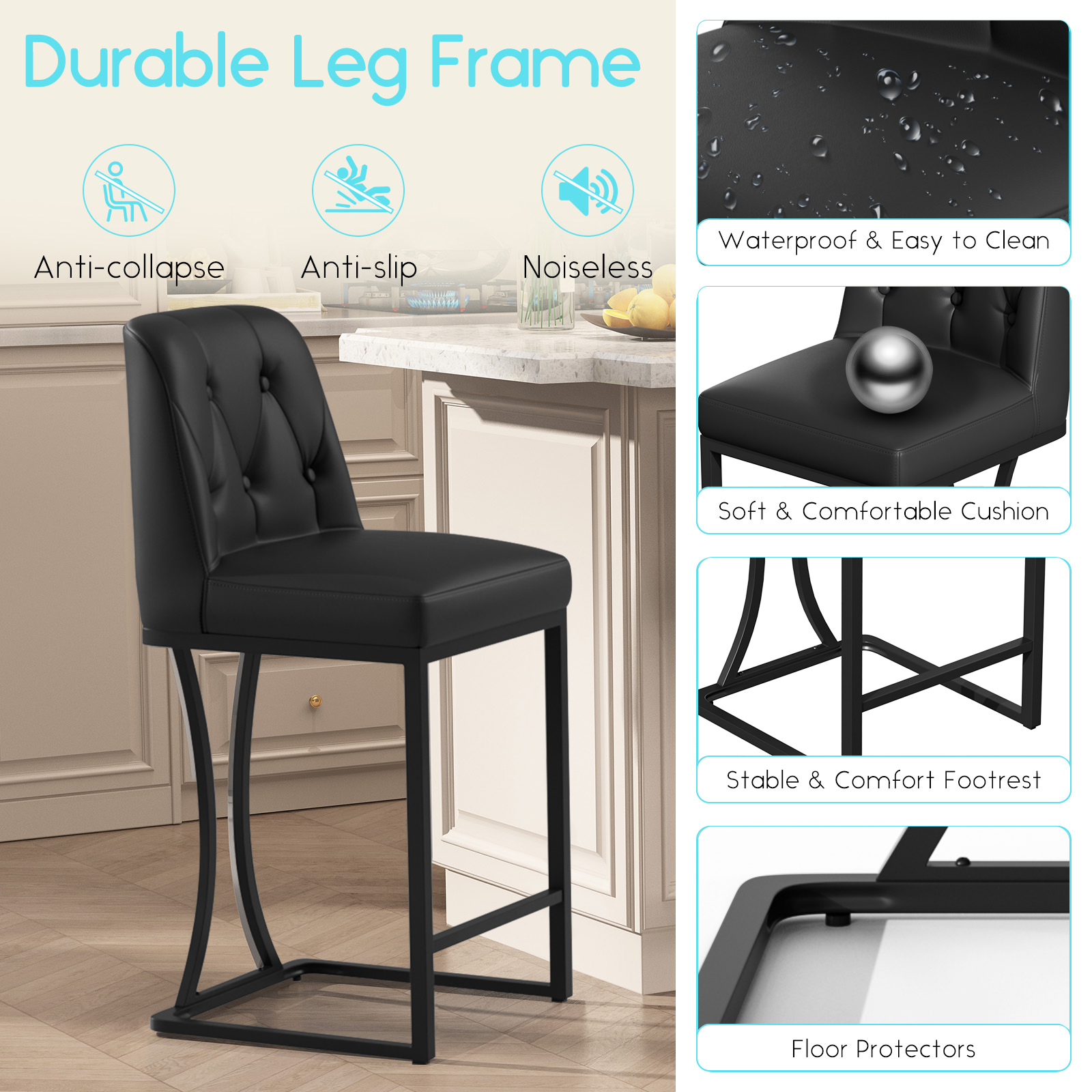 Ninecer 24" Counter Height Bar Stools Set of 2, PU Leather Counter Stool Chairs with Full Back for Kitchen Island, Black - Image 4