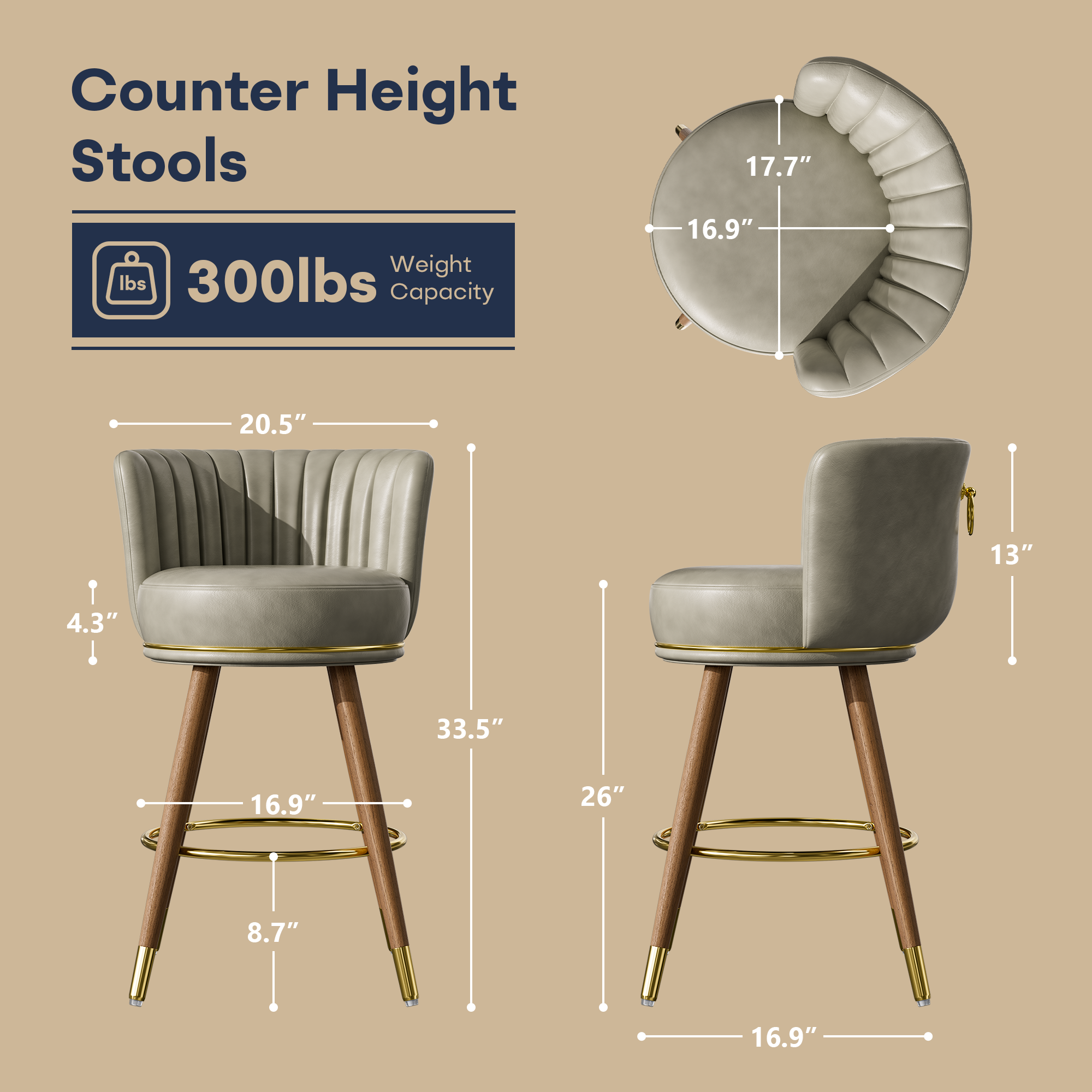 Ninecer Counter Height Bar Stools Set of 2, 26 Inch Swivel PU Leather Bar Chairs with Back and Footrest, Round Low Back Barstools for Kitchen Island Dining Room, Grey - Image 3