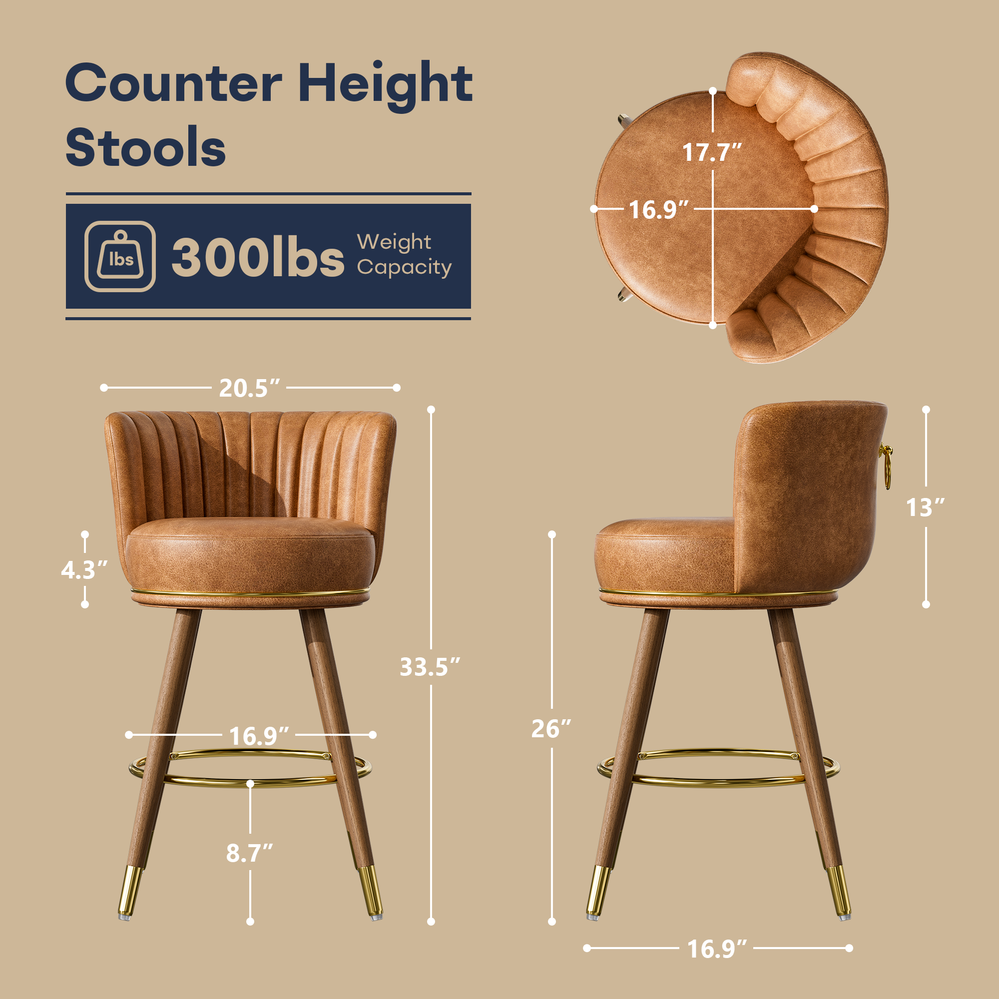 Ninecer Counter Height Bar Stools Set of 4, 26 Inch Swivel PU Leather Bar Chairs with Back and Footrest, Round Low Back Barstools for Kitchen Island Dining Room, Brown - Image 2