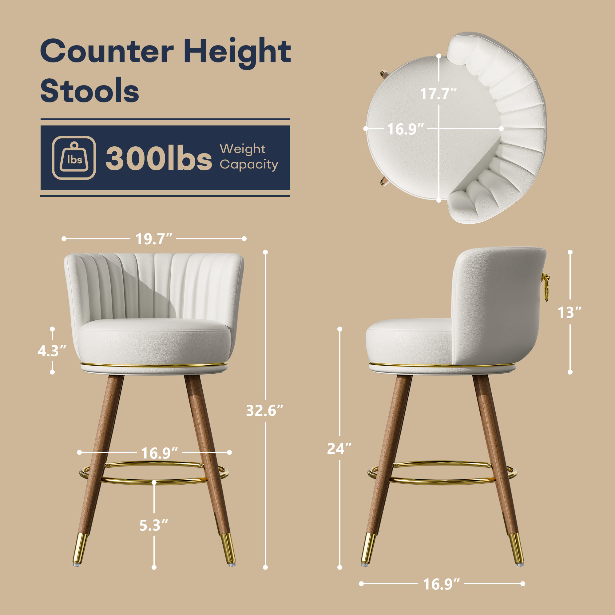 Ninecer Counter Height Bar Stools Set of 4, 24" Swivel Round Seat Bar Chairs with Low Back, PU Leather Modern Counter Stools with Footrest for Kitchen Island, Dining Room or Home Bar, White - Image 4