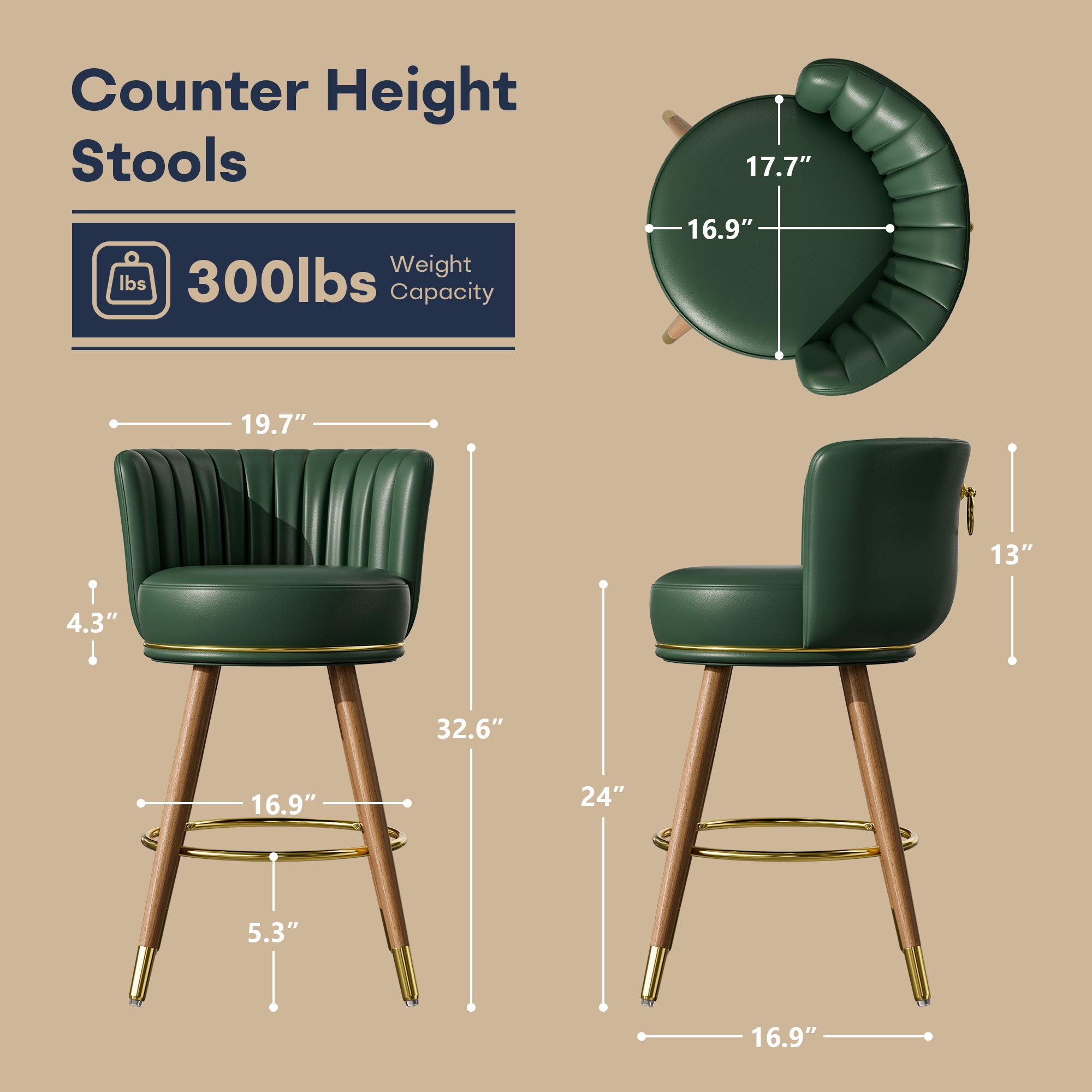 Ninecer Counter Height Bar Stools Set of 4, 24" Swivel Round Seat Bar Chairs with Low Back, PU Leather Modern Counter Stools with Footrest for Kitchen Island, Dining Room or Home Bar, Green - Image 3