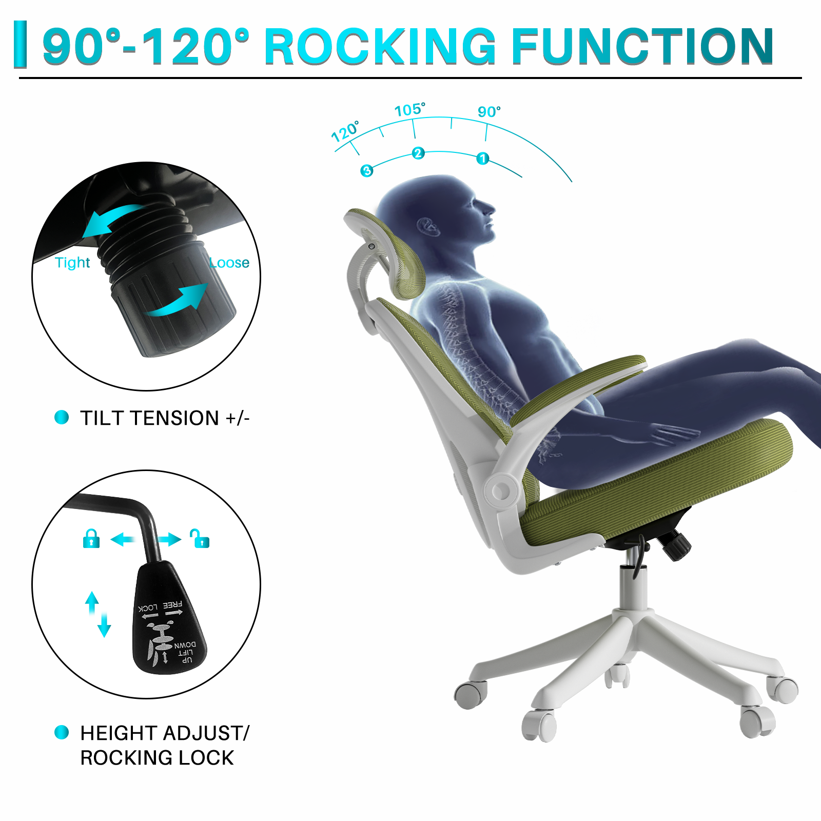 Ninecer Ergonomic Office Chair, High Back Headrest Computer Desk Chairs with Wheels, Green Swivel Office Chair with Arm For Adult - Image 5
