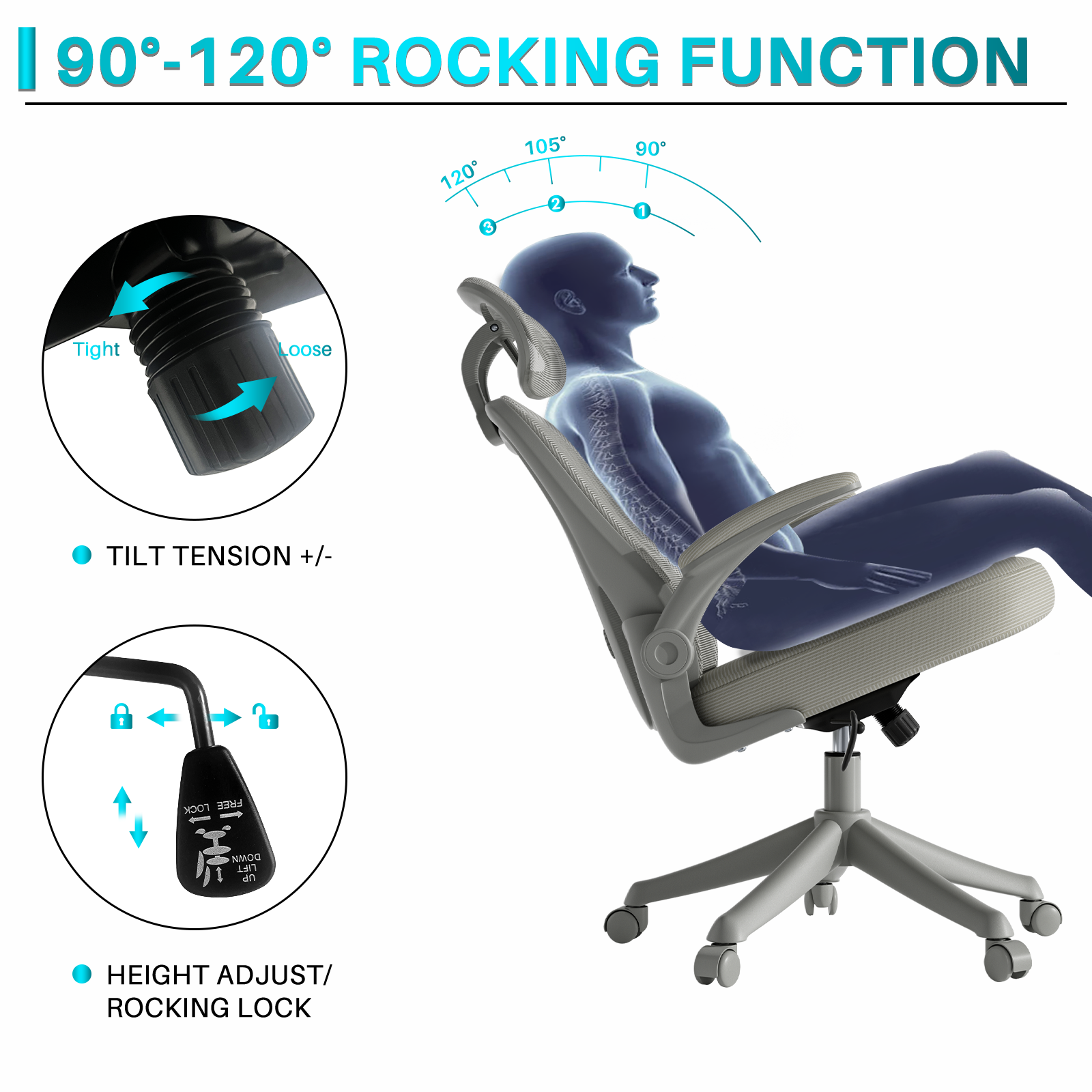 Ninecer Ergonomic Office Chair, High Back Headrest Computer Desk Chairs with Wheels, Gray Swivel Office Chair with Arm For Adult - Image 5