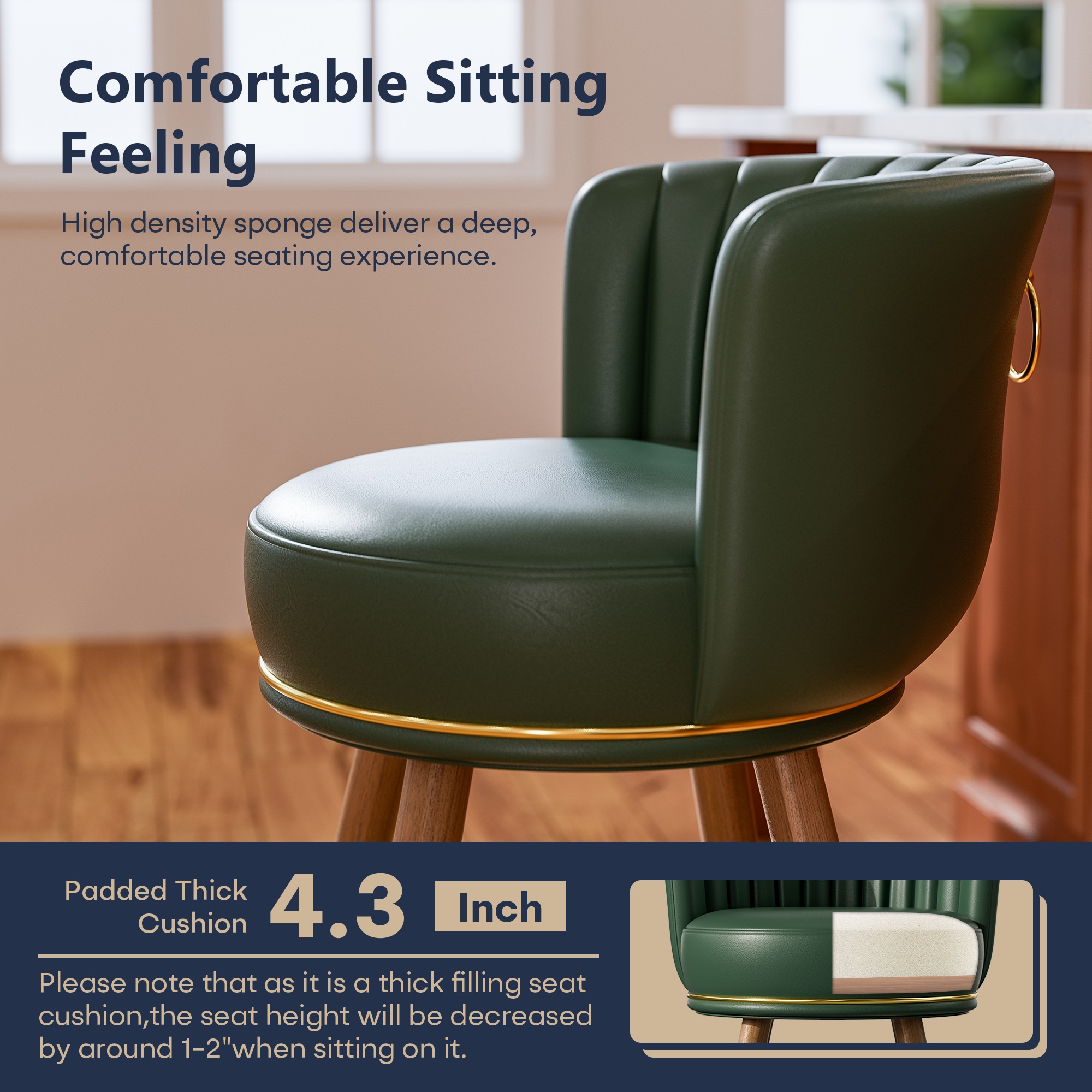 Ninecer Counter Height Bar Stools Set of 4, 24" Swivel Round Seat Bar Chairs with Low Back, PU Leather Modern Counter Stools with Footrest for Kitchen Island, Dining Room or Home Bar, Green - Image 5