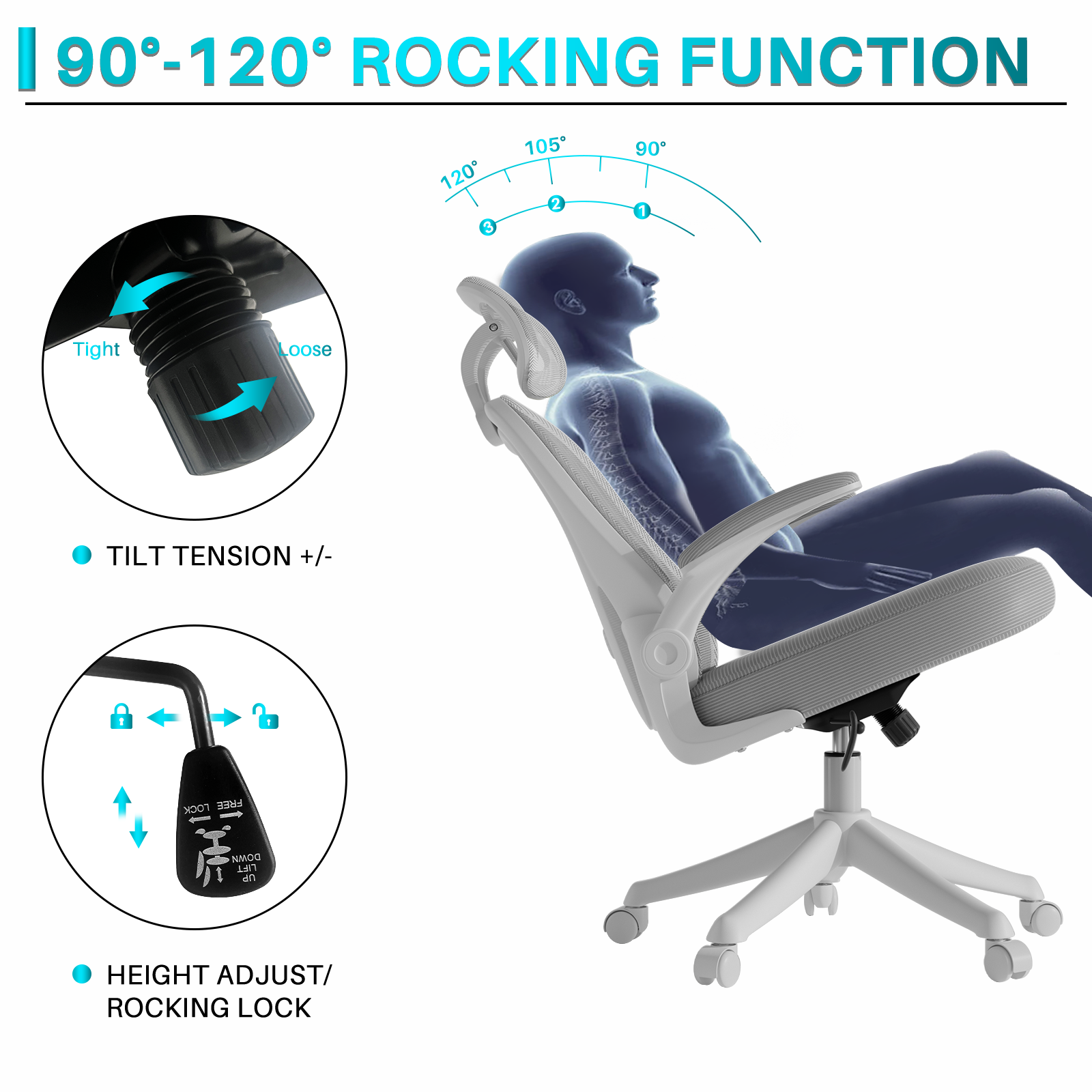 Ninecer Ergonomic Office Chair, High Back Headrest Computer Desk Chairs with Wheels, White & Gray Swivel Office Chair with Arm For Adult - Image 4