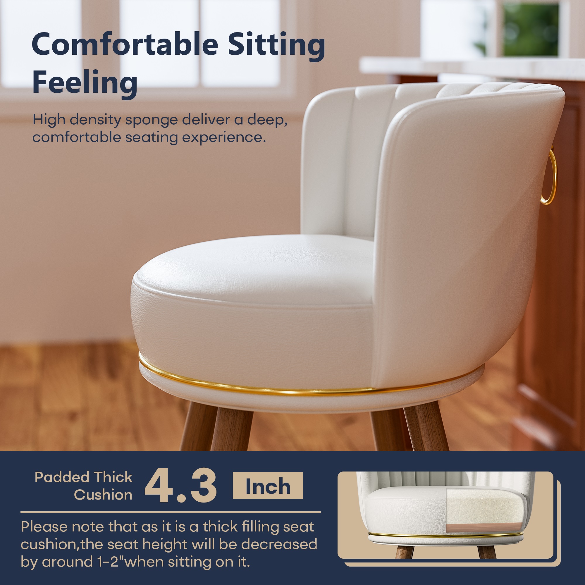 Ninecer Counter Height Bar Stools Set of 4, 24" Swivel Round Seat Bar Chairs with Low Back, PU Leather Modern Counter Stools with Footrest for Kitchen Island, Dining Room or Home Bar, White - Image 5