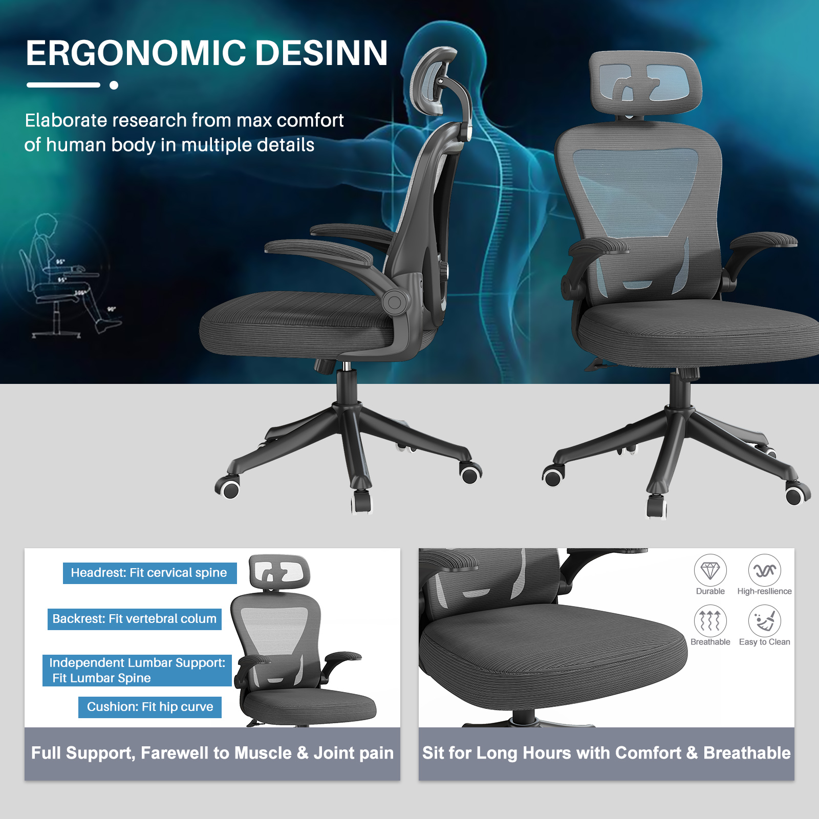Ninecer Ergonomic Office Chair, High Back Headrest Computer Desk Chairs with Wheels, Black Swivel Office Chair with Lumbar support For Adult - Image 3