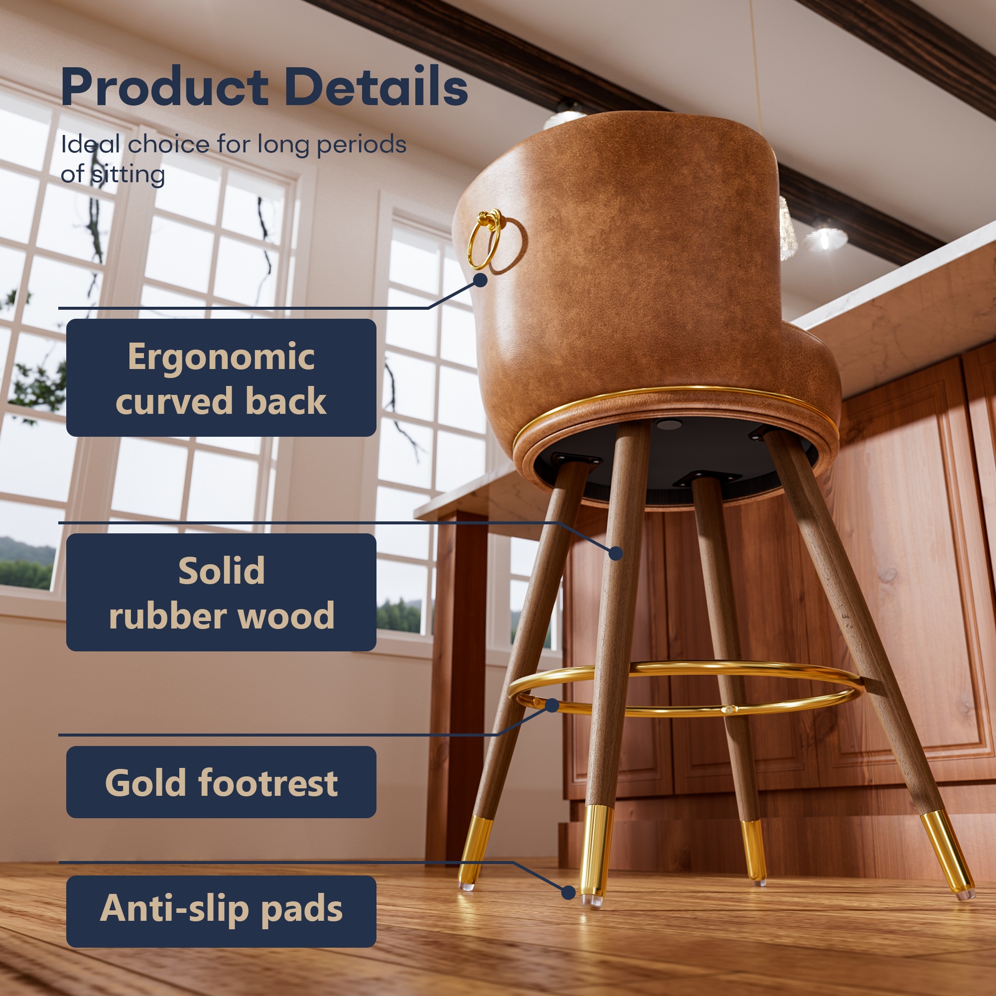 Ninecer Counter Height Bar Stools Set of 4, 26 Inch Swivel PU Leather Bar Chairs with Back and Footrest, Round Low Back Barstools for Kitchen Island Dining Room, Brown - Image 7