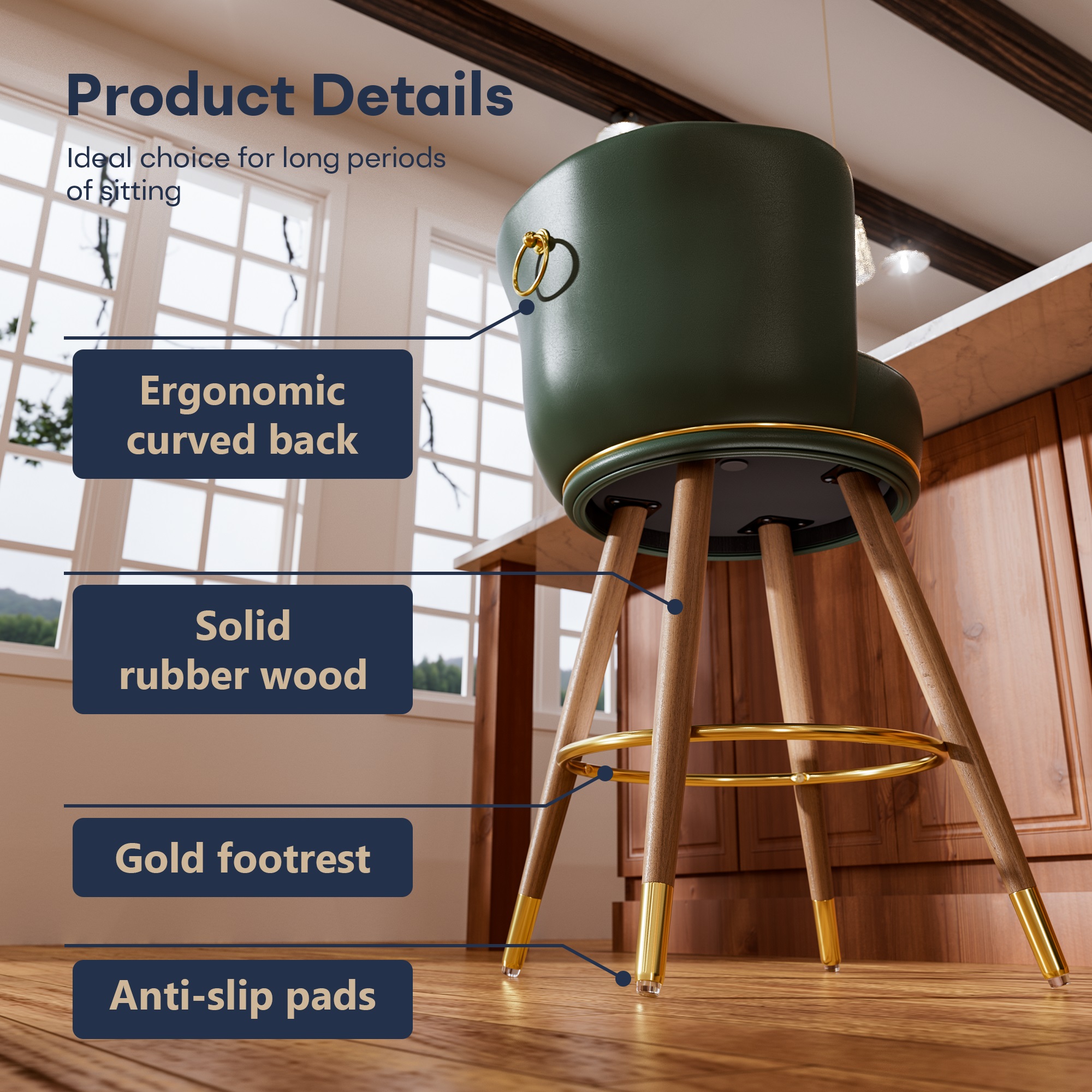 Ninecer Counter Height Bar Stools Set of 4, 24" Swivel Round Seat Bar Chairs with Low Back, PU Leather Modern Counter Stools with Footrest for Kitchen Island, Dining Room or Home Bar, Green - Image 6