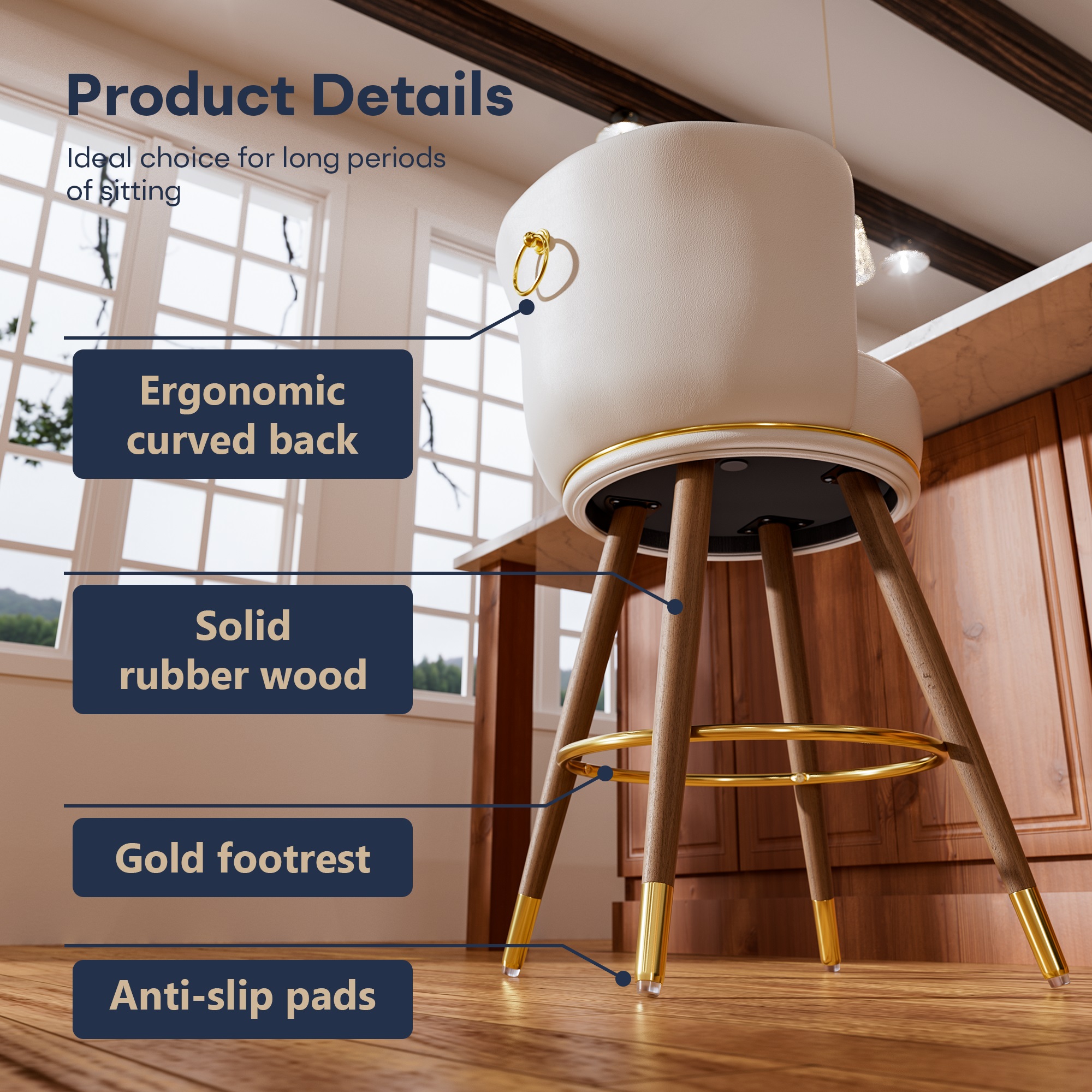 Ninecer Counter Height Bar Stools Set of 4, 26 Inch Swivel PU Leather Bar Chairs with Back and Footrest, Round Low Back Barstools for Kitchen Island Dining Room, Beige - Image 7