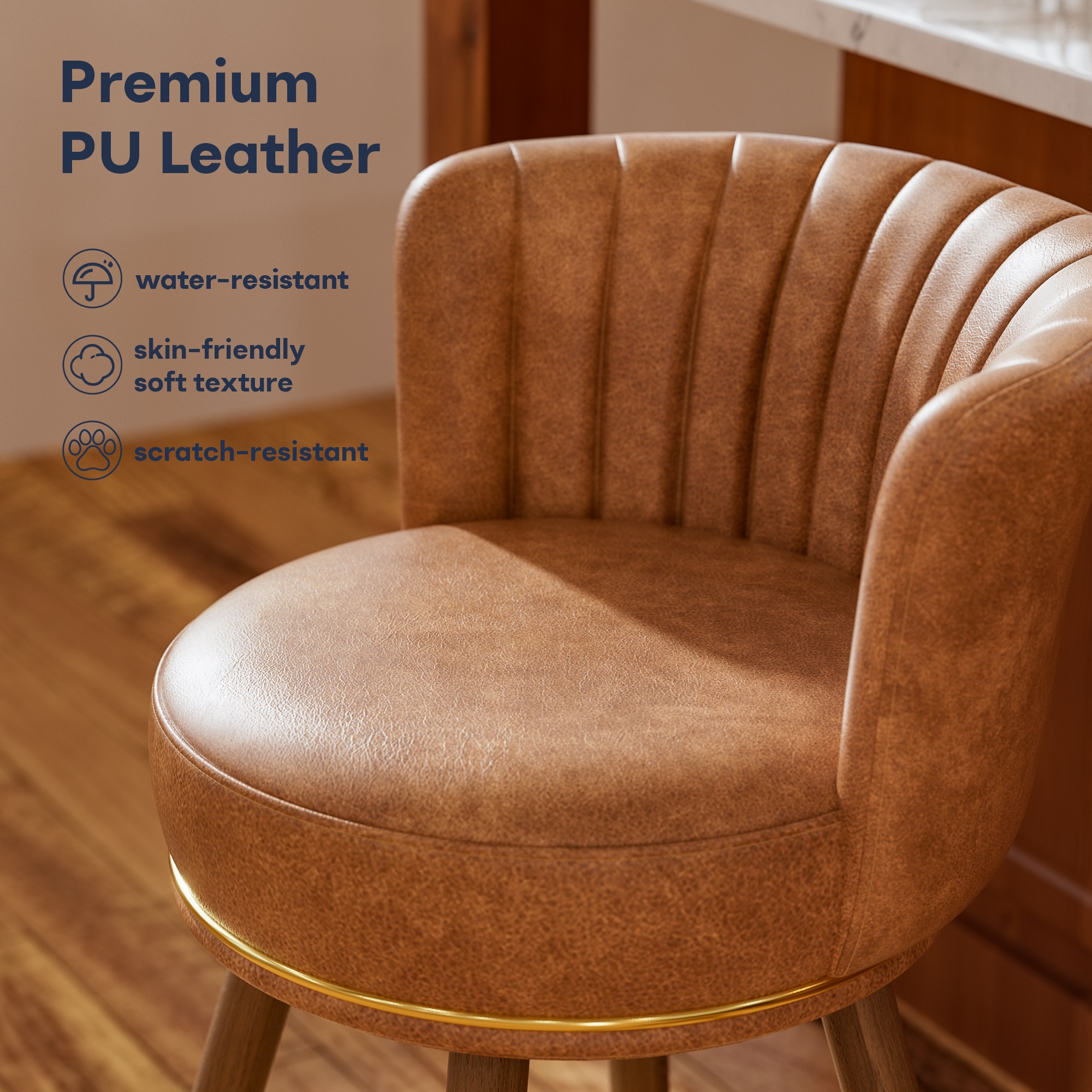 Ninecer Counter Height Bar Stools Set of 4, 26 Inch Swivel PU Leather Bar Chairs with Back and Footrest, Round Low Back Barstools for Kitchen Island Dining Room, Brown - Image 3