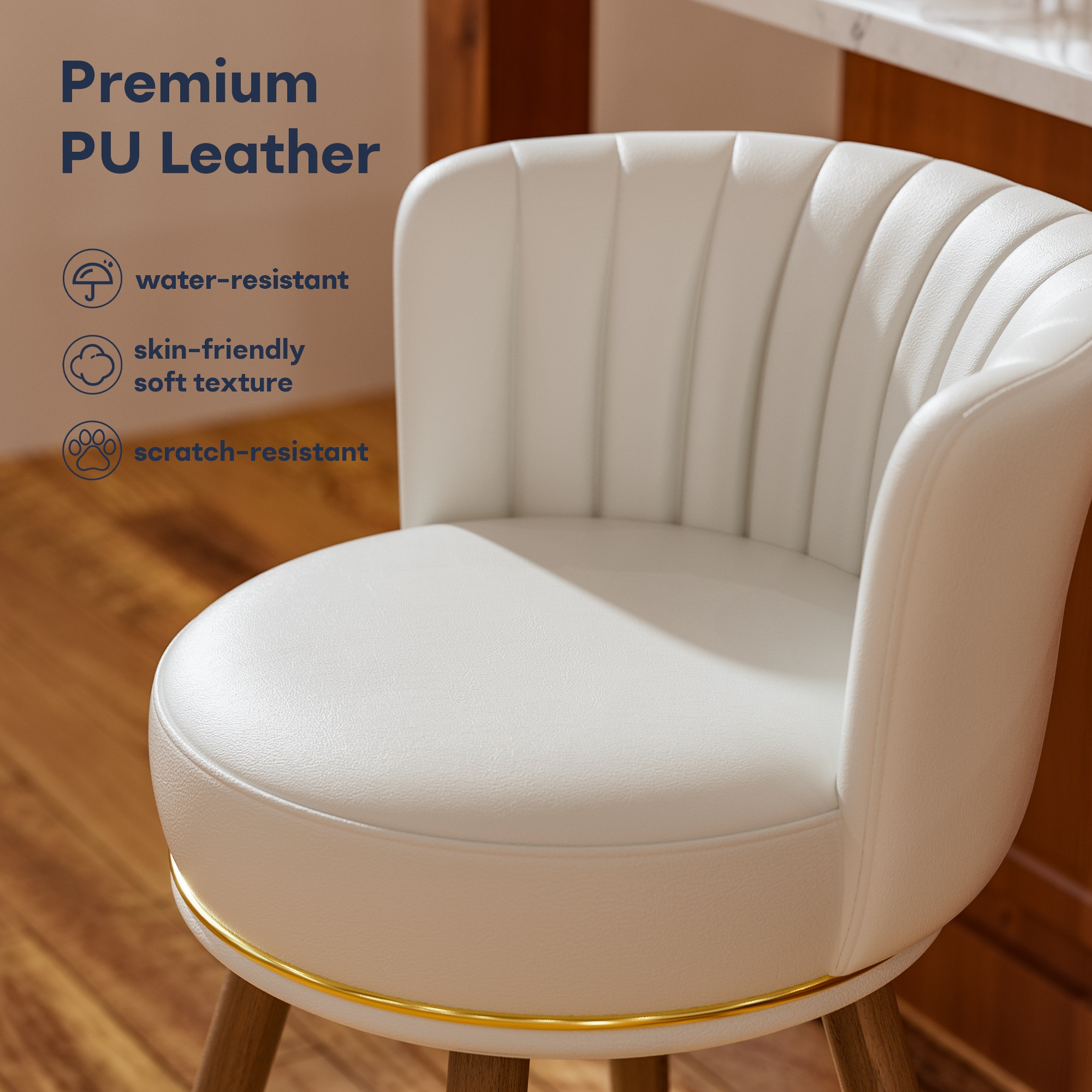 Ninecer Counter Height Bar Stools Set of 4, 26 Inch Swivel PU Leather Bar Chairs with Back and Footrest, Round Low Back Barstools for Kitchen Island Dining Room, Beige - Image 2