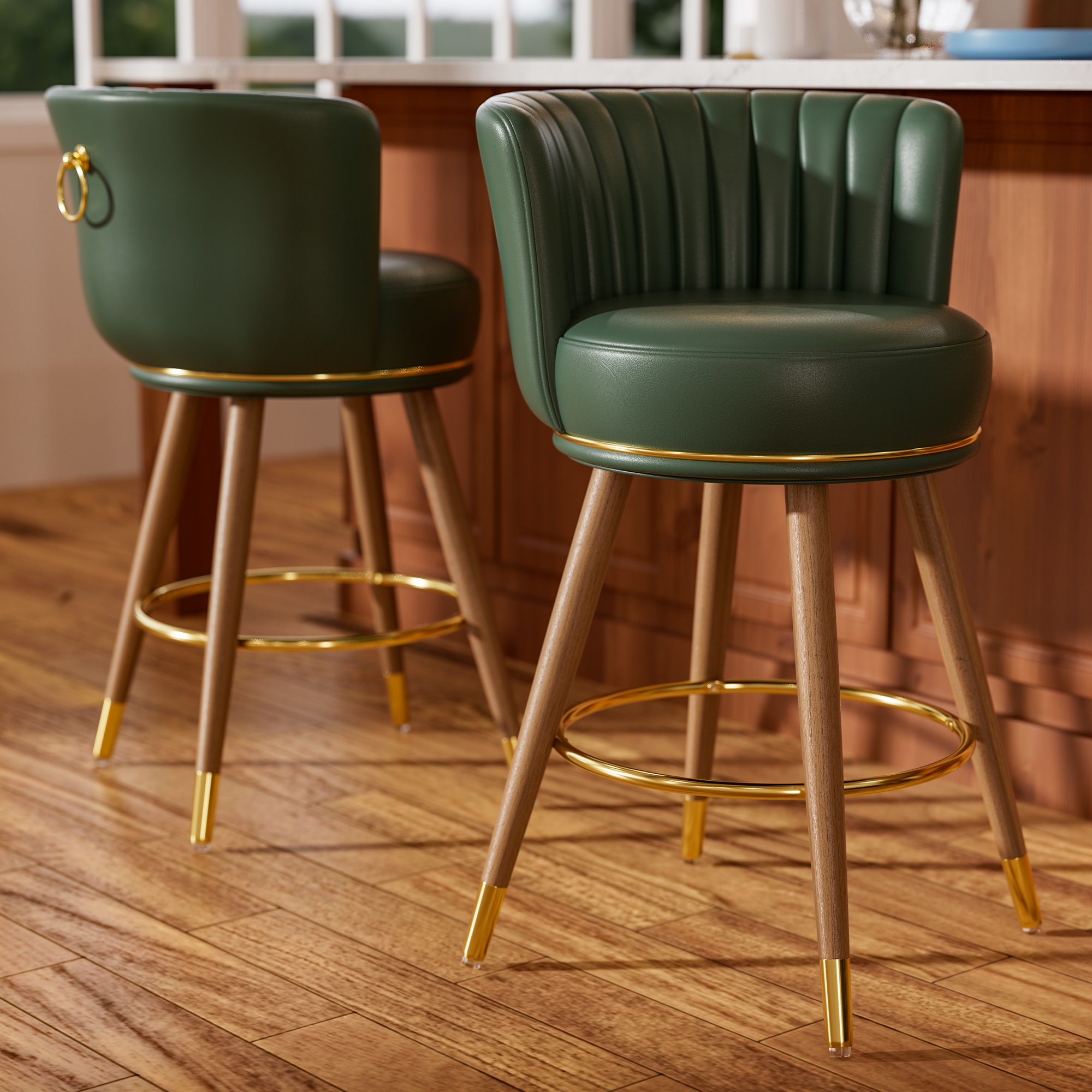 Ninecer Counter Height Bar Stools Set of 2, 24" Swivel Round Seat Bar Chairs with Low Back, PU Leather Modern Counter Stools with Footrest for Kitchen Island, Dining Room or Home Bar, Green
