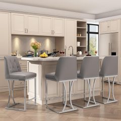Ninecer 24" Counter Height Bar Stools Set of 4, PU Leather Counter Stool Chairs with Full Back for Kitchen Island, Gray and Silver