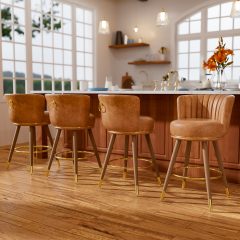 Ninecer Counter Height Bar Stools Set of 4, 24" Swivel Round Seat Bar Chairs with Low Back, PU Leather Modern Counter Stools with Footrest for Kitchen Island, Dining Room or Home Bar, Brown