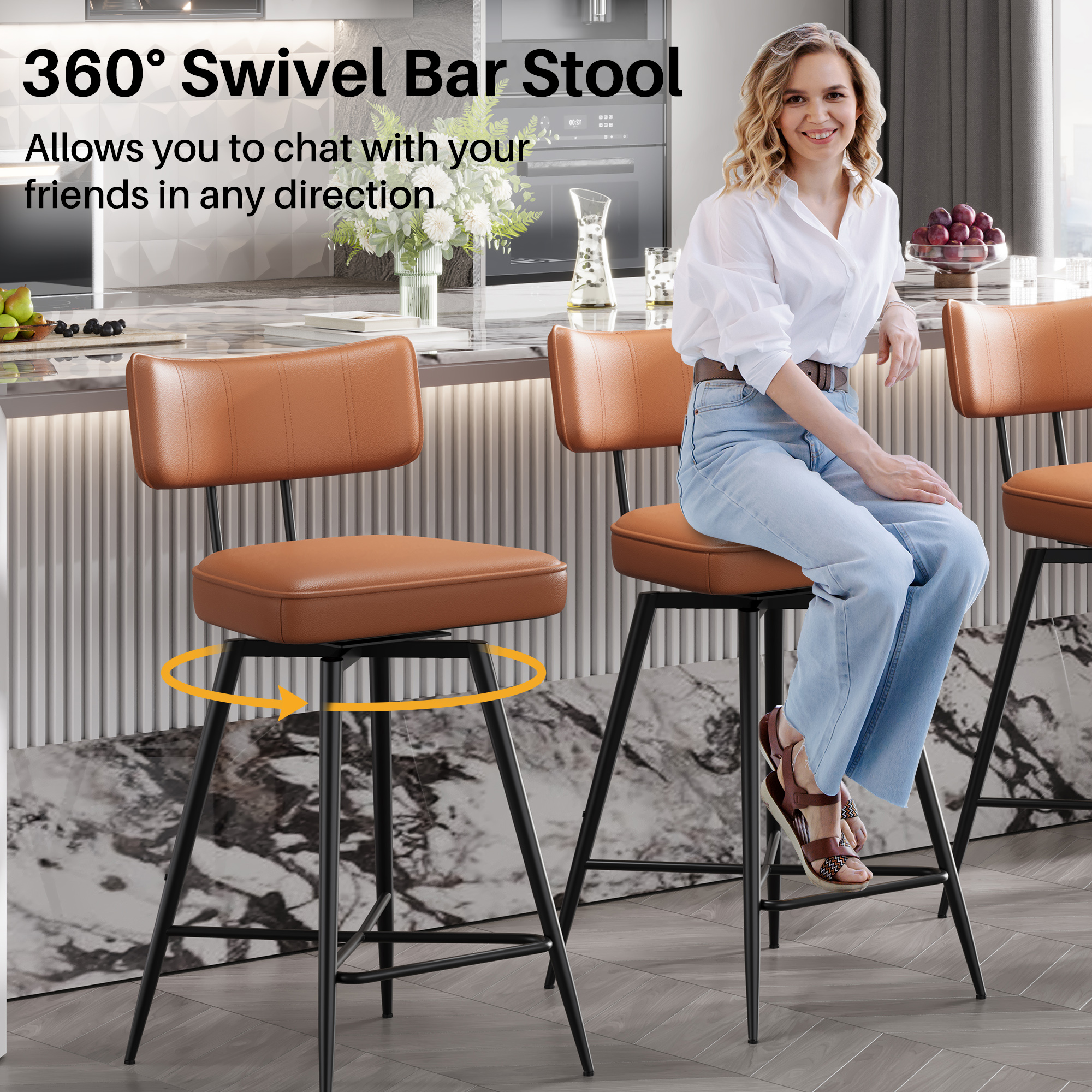 Ninecer Swivel Bar Stools Set of 4, 26" Counter Height Bar Stools with Back, Leather Upholstered Kitchen Barstool with Footrest and Metal Frame, Bar Chair for Kitchen Island, Brown - Image 5