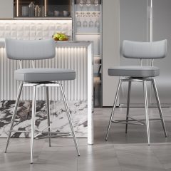 Ninecer Swivel Bar Stools Set of 2, 26" Counter Height Bar Stools with Back, Leather Upholstered Kitchen Barstool with Footrest and Metal Frame, Bar Chair for Kitchen Island, Grey
