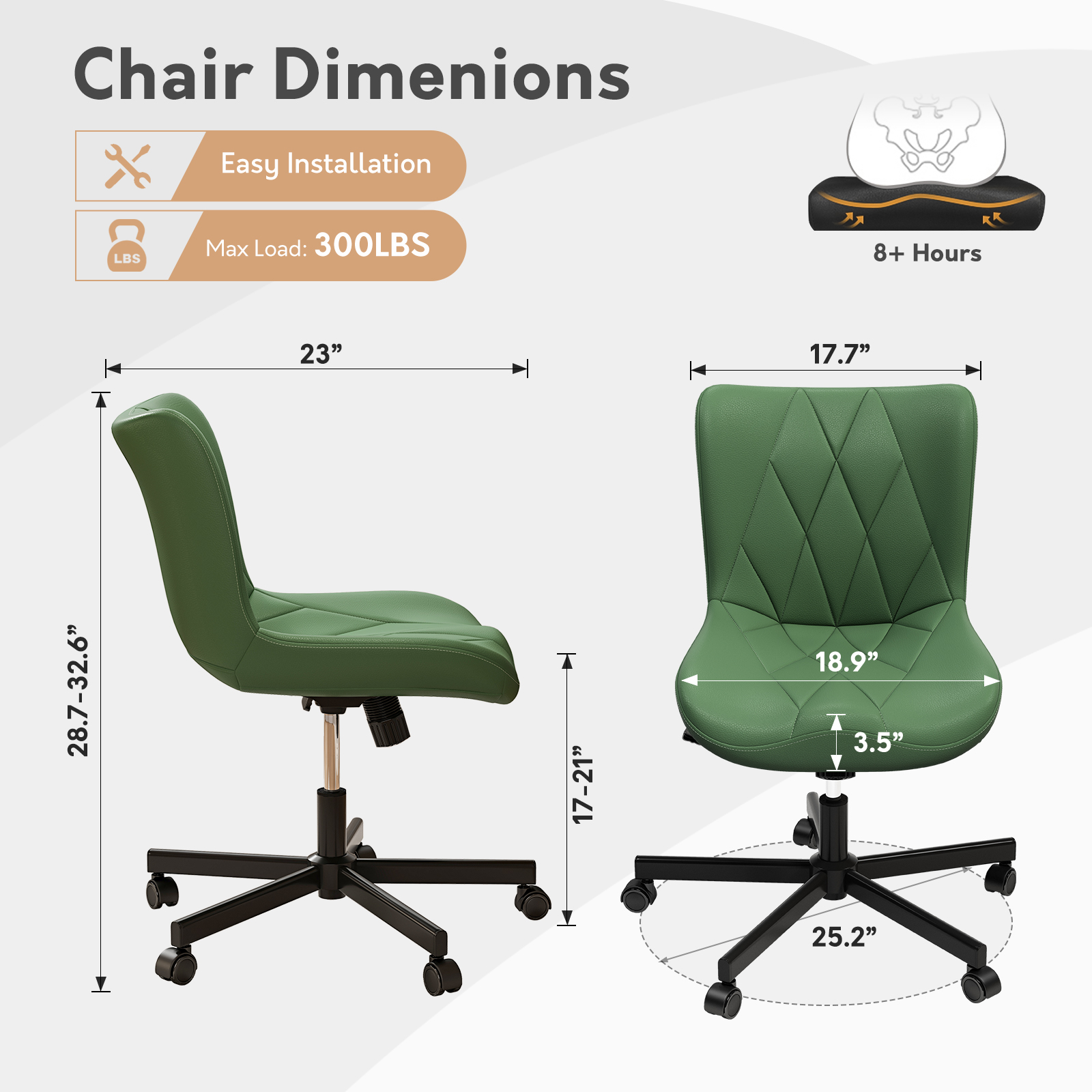 Ninecer Adjustable Armless Office Chair, Leather Desk Chair with Wheels, Office Chair for Home Office, Computer Rolling Chair for Adults, Comfy Task Chair, Green - Image 2