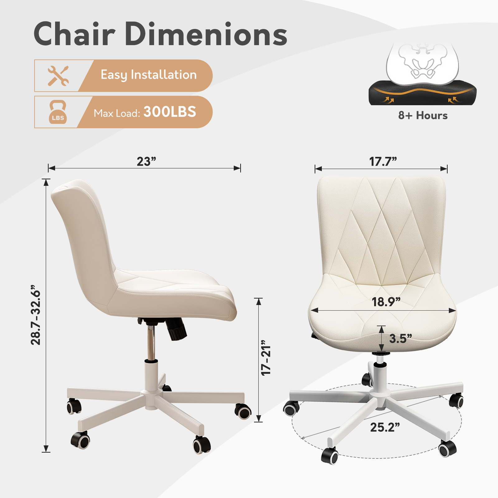 Ninecer Adjustable Armless Office Chair, Leather Desk Chair with Wheels, Office Chair for Home Office, Computer Rolling Chair for Adults, Comfy Task Chair, White - Image 2