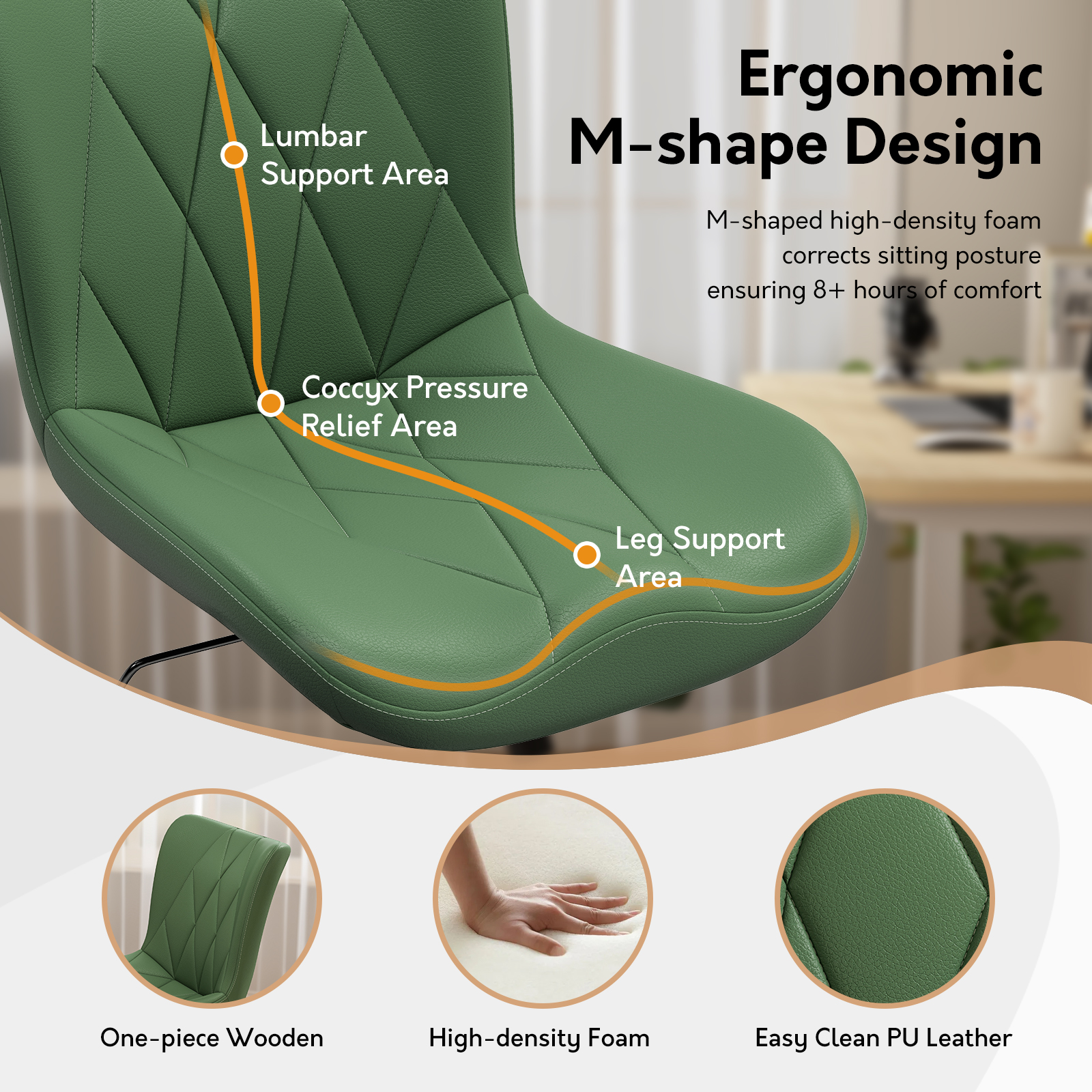 Ninecer Adjustable Armless Office Chair, Leather Desk Chair with Wheels, Office Chair for Home Office, Computer Rolling Chair for Adults, Comfy Task Chair, Green - Image 5