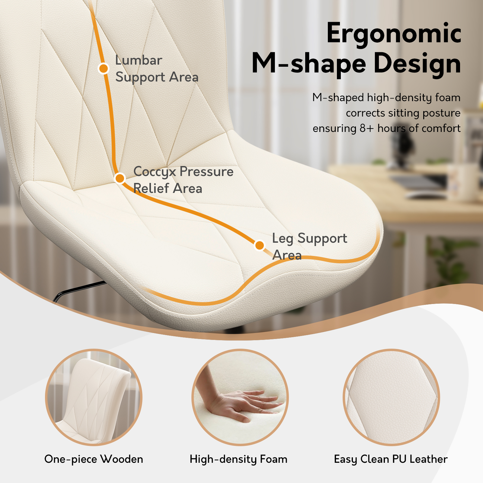 Ninecer Adjustable Armless Office Chair, Leather Desk Chair with Wheels, Office Chair for Home Office, Computer Rolling Chair for Adults, Comfy Task Chair, White - Image 4