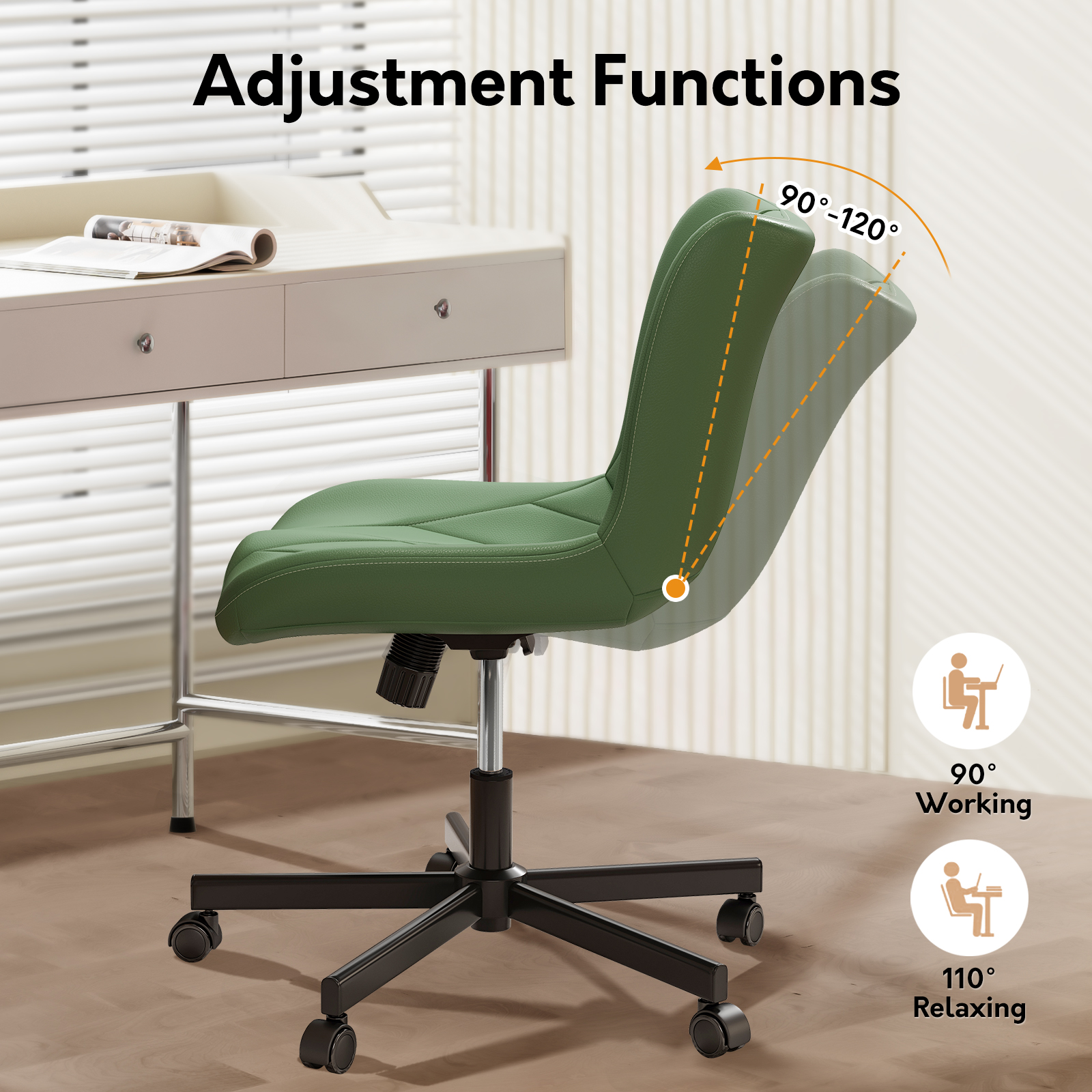 Ninecer Adjustable Armless Office Chair, Leather Desk Chair with Wheels, Office Chair for Home Office, Computer Rolling Chair for Adults, Comfy Task Chair, Green - Image 3