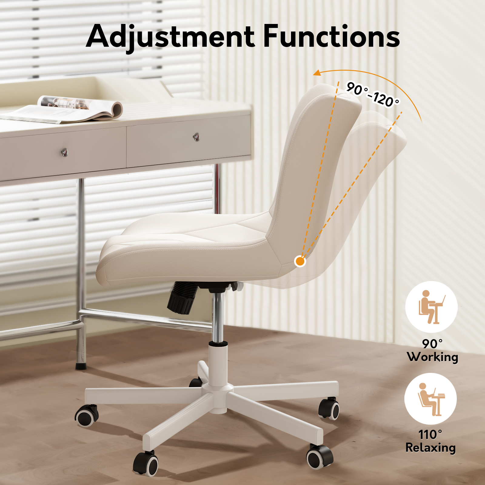Ninecer Adjustable Armless Office Chair, Leather Desk Chair with Wheels, Office Chair for Home Office, Computer Rolling Chair for Adults, Comfy Task Chair, White - Image 5