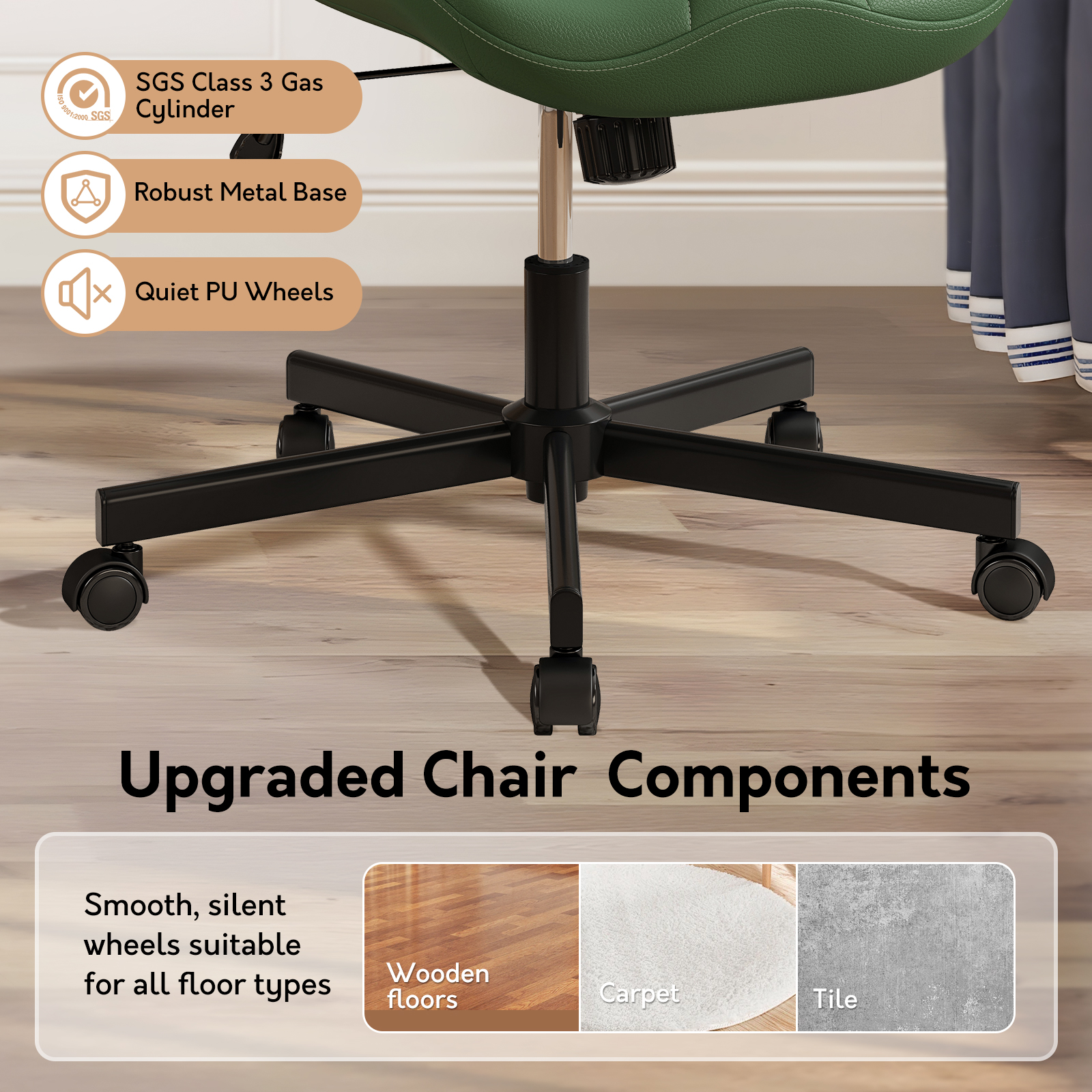 Ninecer Adjustable Armless Office Chair, Leather Desk Chair with Wheels, Office Chair for Home Office, Computer Rolling Chair for Adults, Comfy Task Chair, Green - Image 6