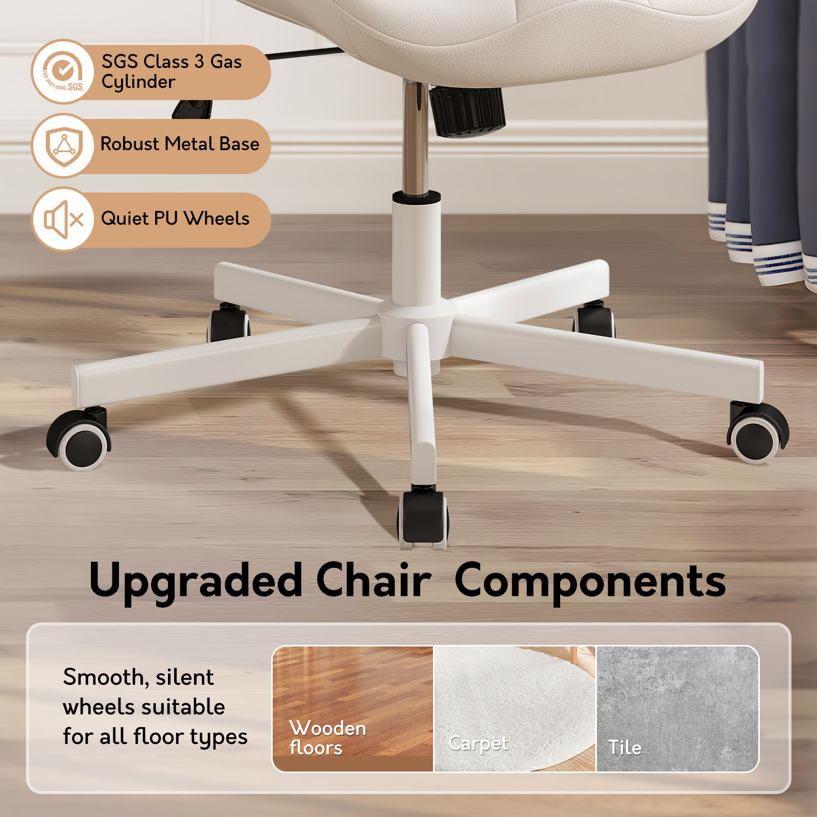 Ninecer Adjustable Armless Office Chair, Leather Desk Chair with Wheels, Office Chair for Home Office, Computer Rolling Chair for Adults, Comfy Task Chair, White - Image 6