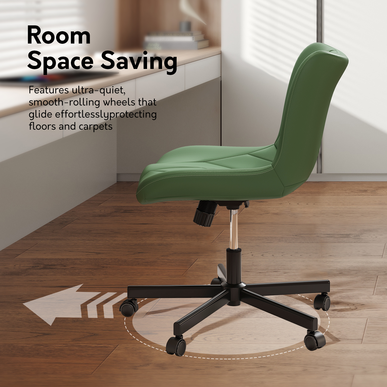 Ninecer Adjustable Armless Office Chair, Leather Desk Chair with Wheels, Office Chair for Home Office, Computer Rolling Chair for Adults, Comfy Task Chair, Green - Image 7