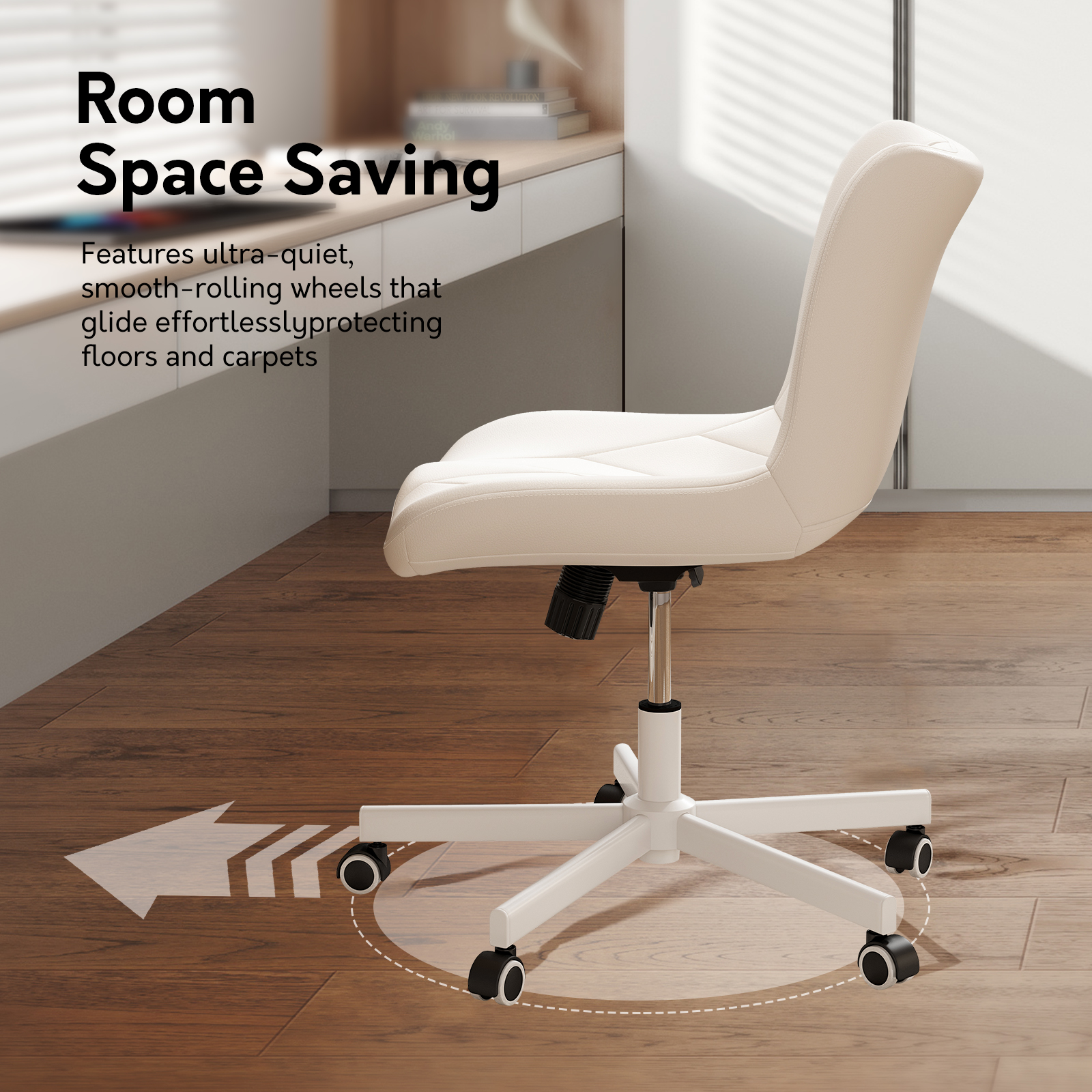 Ninecer Adjustable Armless Office Chair, Leather Desk Chair with Wheels, Office Chair for Home Office, Computer Rolling Chair for Adults, Comfy Task Chair, White - Image 7