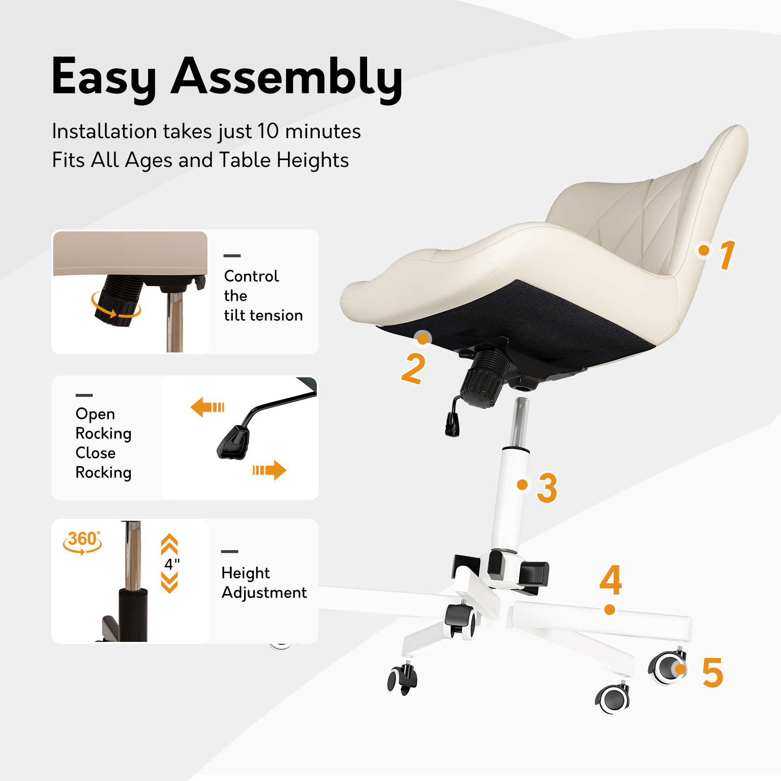 Ninecer Adjustable Armless Office Chair, Leather Desk Chair with Wheels, Office Chair for Home Office, Computer Rolling Chair for Adults, Comfy Task Chair, White - Image 8
