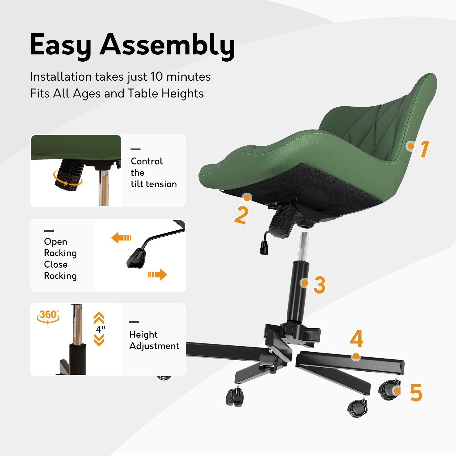 Ninecer Adjustable Armless Office Chair, Leather Desk Chair with Wheels, Office Chair for Home Office, Computer Rolling Chair for Adults, Comfy Task Chair, Green - Image 8
