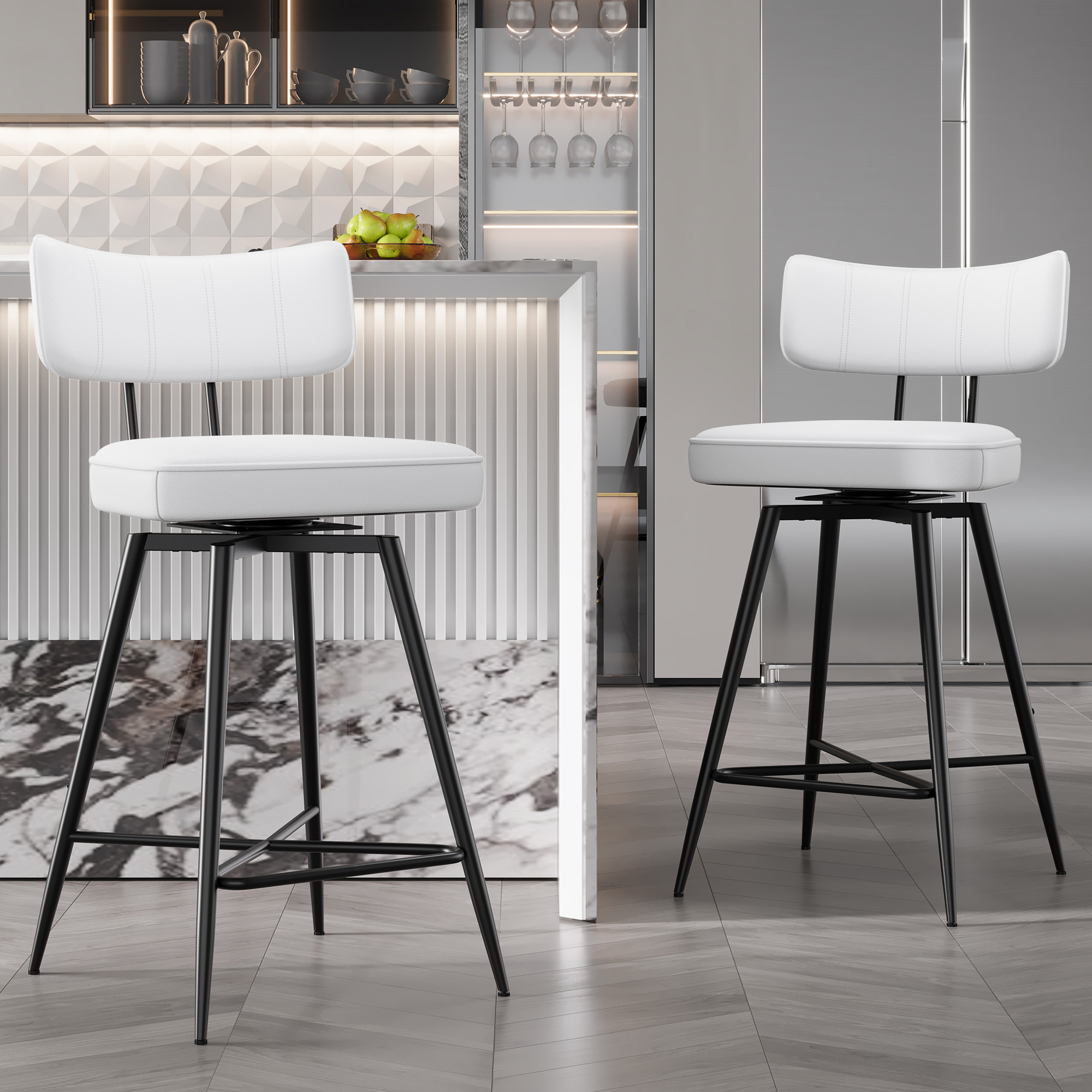 Ninecer Swivel Bar Stools Set of 2, 26" Counter Height Bar Stools with Back, Leather Upholstered Kitchen Barstool with Footrest and Metal Frame, Bar Chair for Kitchen Island, White
