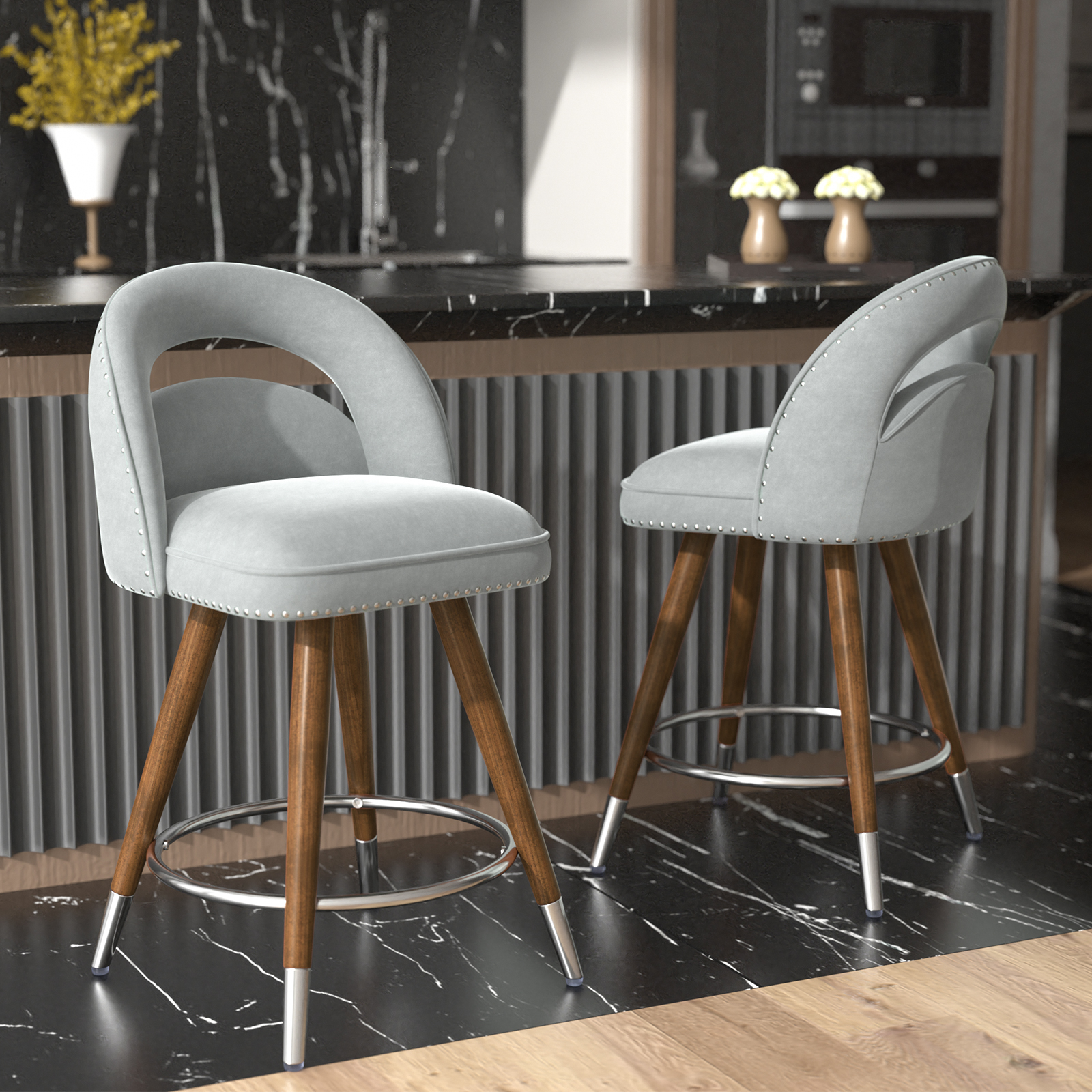 Ninecer 24" Swivel Counter Bar stools, Modern Velvet Barstools with Soft Backrest for Kitchen Dining Room, Gray (Set of 2)