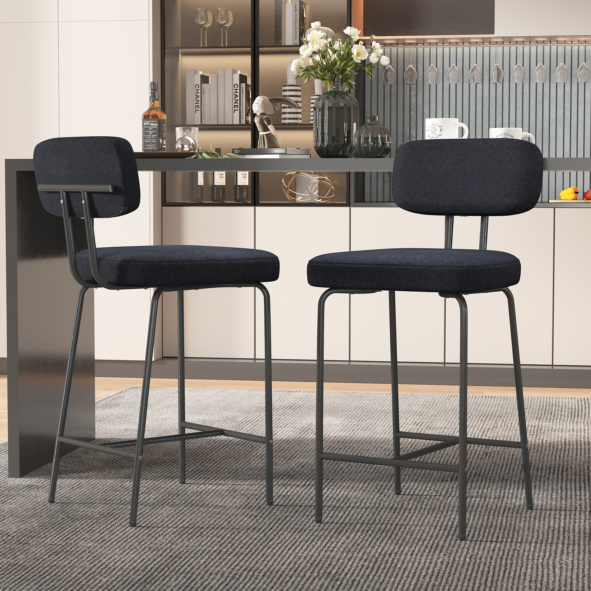 Ninecer Counter Height Bar Stools Set of 2, 26" Black Bar Stools with Back and Metal Legs, Fabric Kitchen Counter Stools with Footrest and Wide Seat, Bar Chairs for Kitchen Island