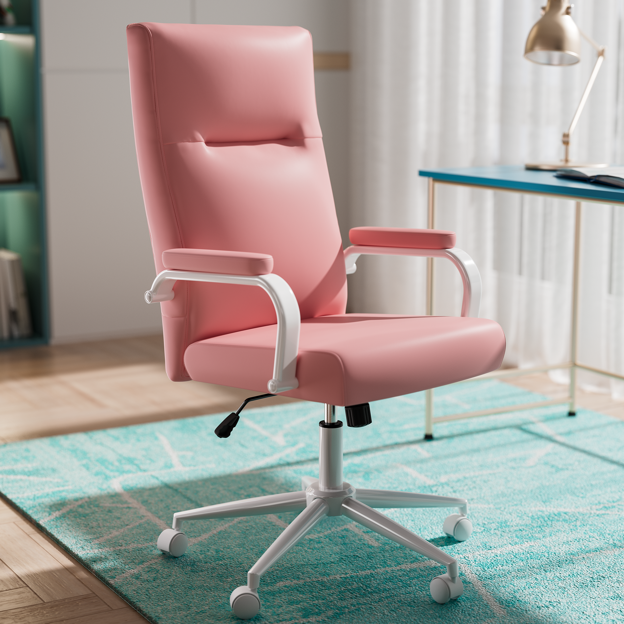 Ninecer High Back PU Leather Indoor Home Office Desk Chair with Arms, Modern Office Chair for Adult, Pink
