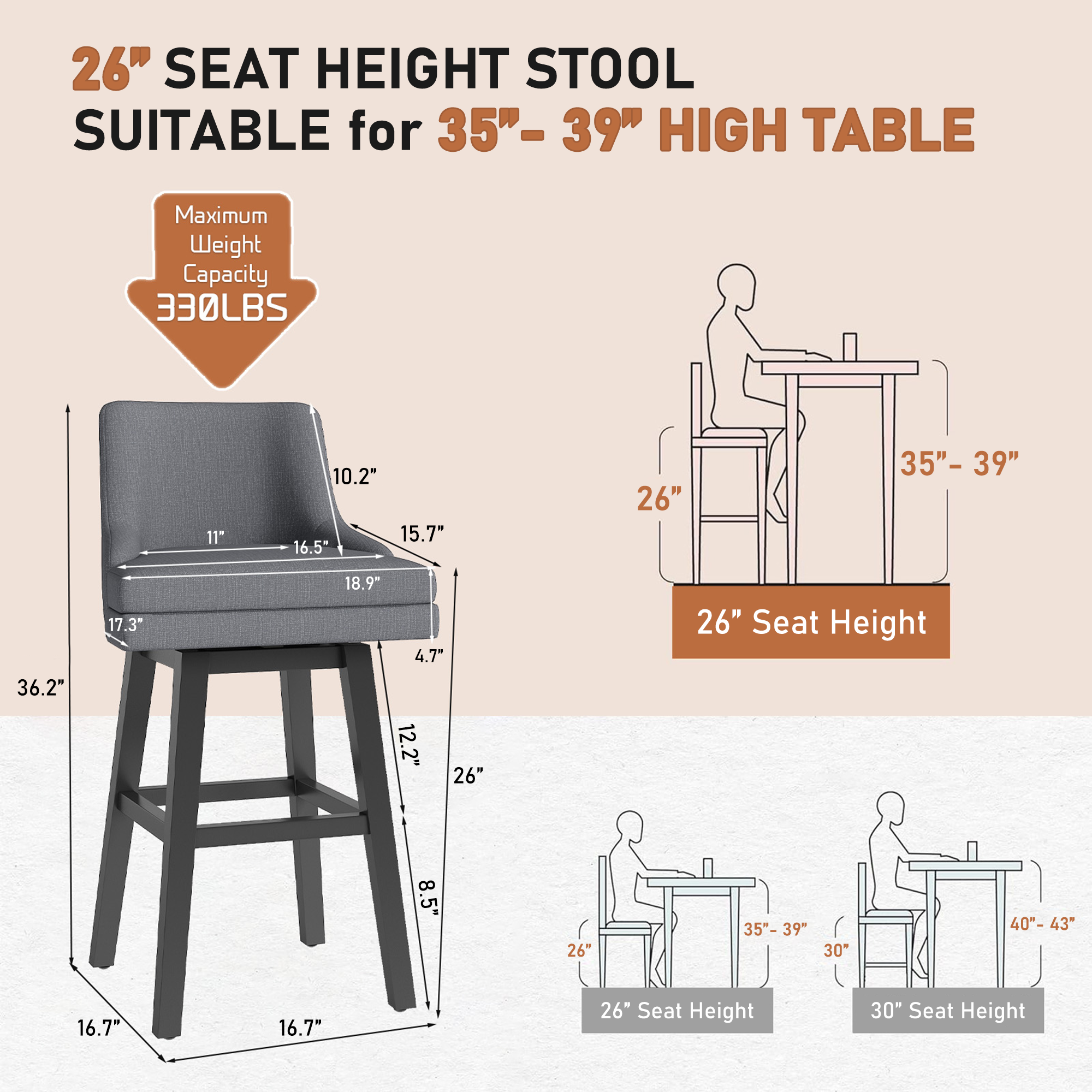 Ninecer 26" Counter Height Bar Stools, Swivel Bar Stools with Back, Modern Bar Chairs, Barstools with Footrest, Gray (Set of 6) - Image 2
